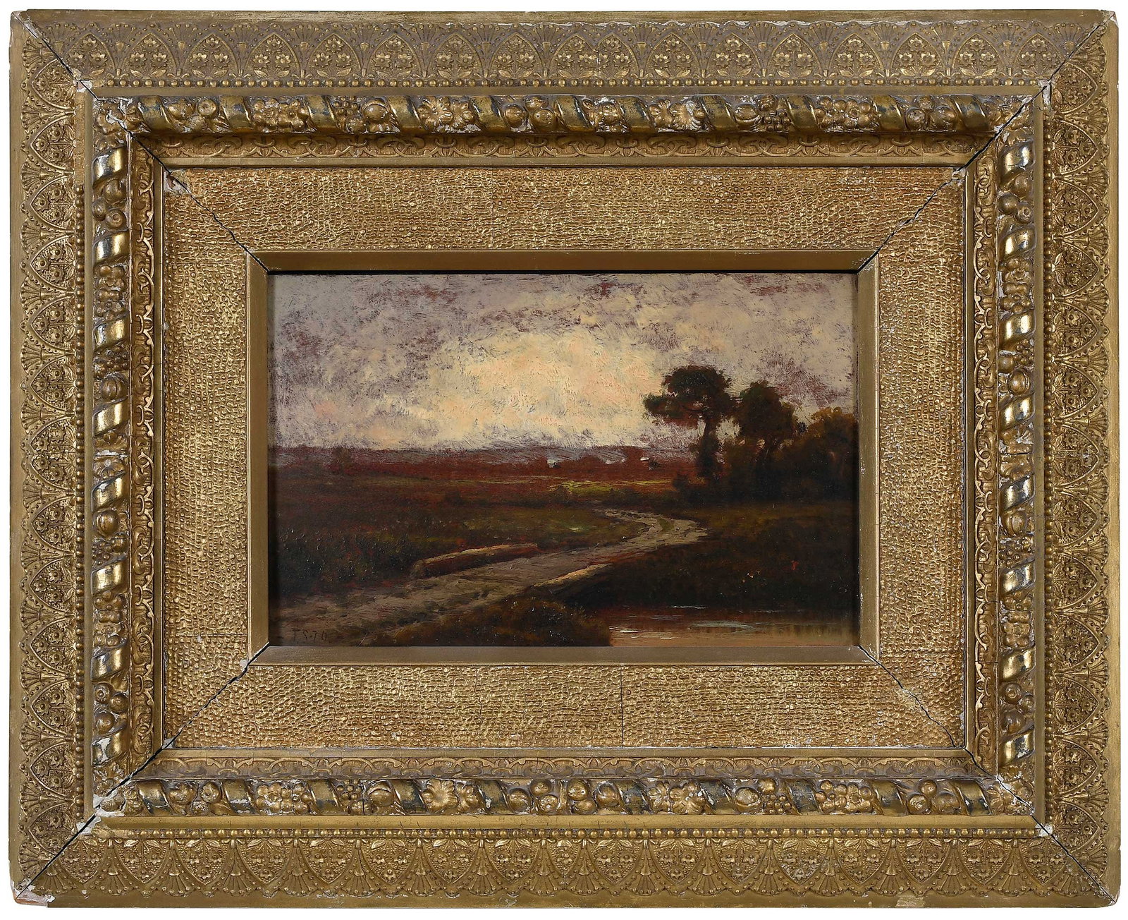 Attributed to Frank Henry Shapleigh: (American, 1842-1906) The Road over the Brook, signed lower left "F.S. 70", oil on panel, 6-3/4 x 11 in.; fine period carved gilt wood frame, possibly original, 16-1/2 x 20-1/2 x 3-1/2 in. Provenance: