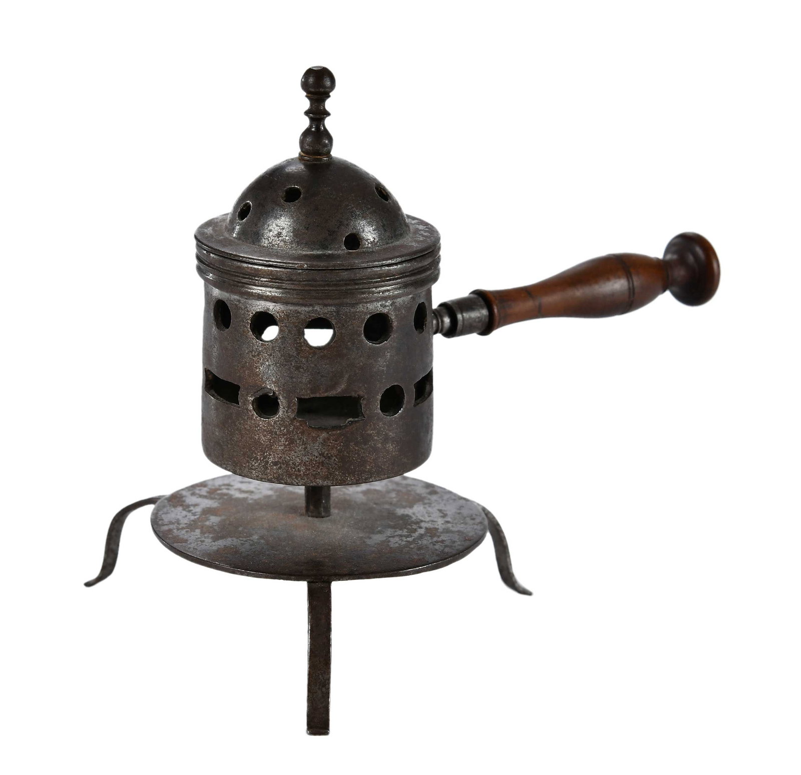 Early Iron Miniature Brazier: Continental, 18th century, pierced body with turned wood handle, 4-1/4 x 4-3/4 x 2-7/8 in. Provenance: From the Collection of Elbert H. Parsons, Jr., Huntsville, Alabama Note: For similar examples, se