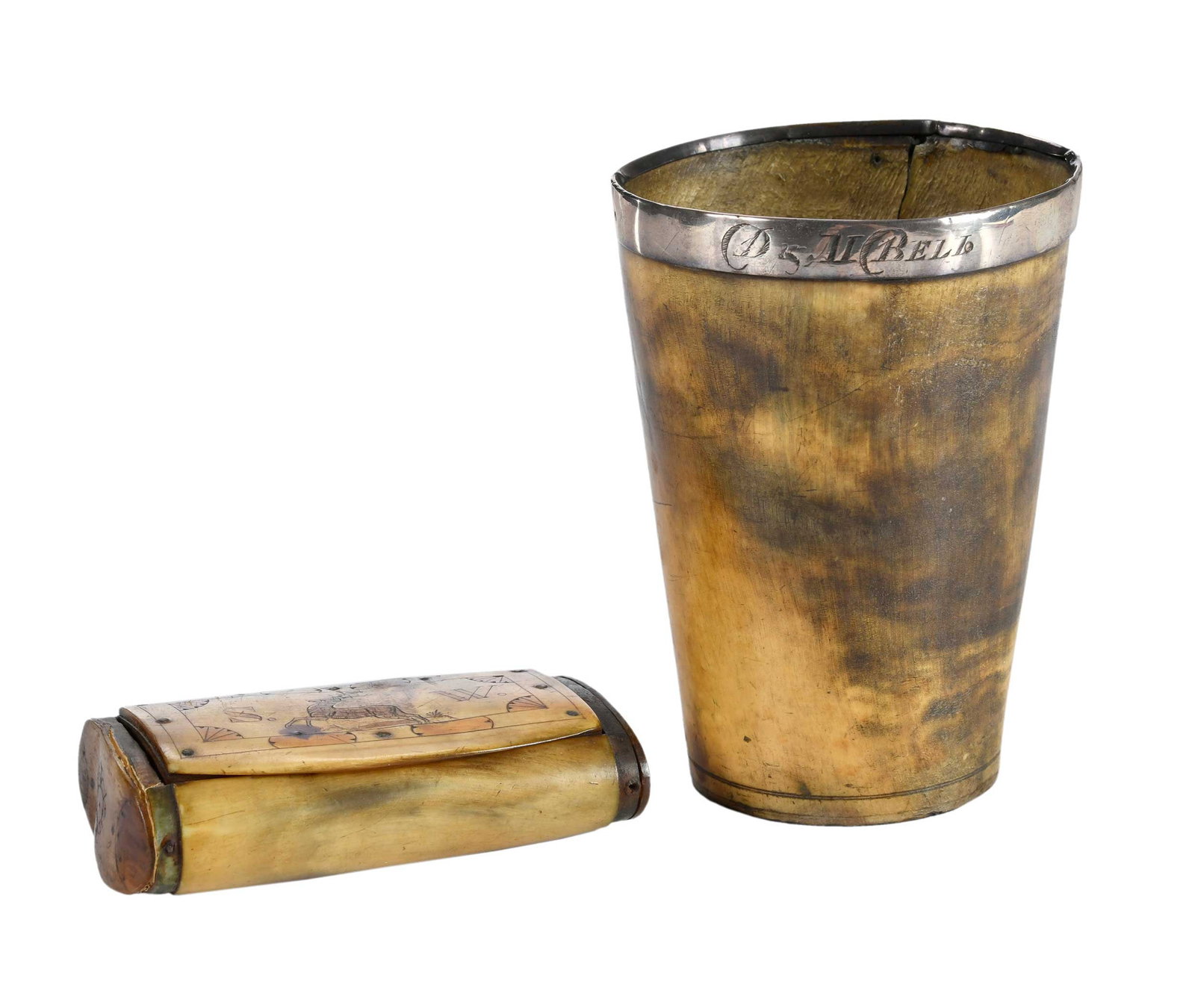 Silver Mounted Horn Drinking Vessel and Engraved Horn Snuff Box (1 of 15)