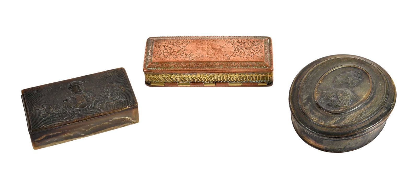 Three European Engraved Snuff Boxes, Brass and Horn (1 of 10)