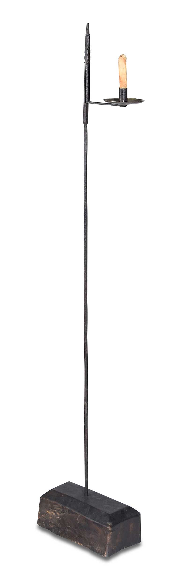 Early Iron Standing Rush Light: probably 18th century, brass drip pan, on a period chamfered ebonized oak base, 48-1/4 x 9-3/4 x 4-3/4 in. Provenance: From the Collection of Elbert H. Parsons, Jr., Huntsville, Alabama