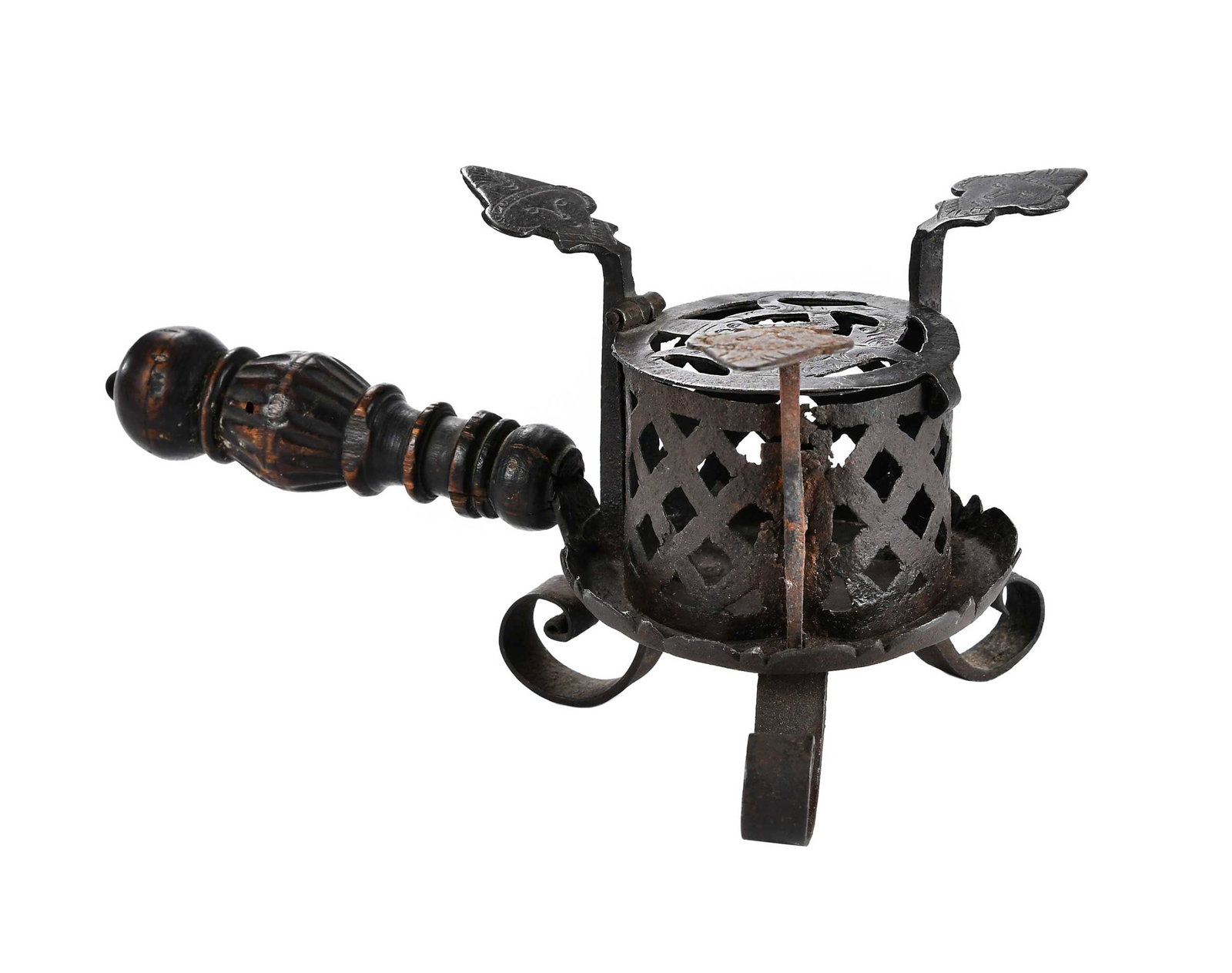 Fine and Unusual Dutch Colonial Miniature Iron Brazier, Herrup Provenance: 18th century, wrought iron construction, on three spiraled feet, incised faces on lid and supporting arms, turned wood handle, 3-1/2 x 4-3/4 x 7 in. Provenance: Samuel Herrup Antiques, Sheffield, Mass