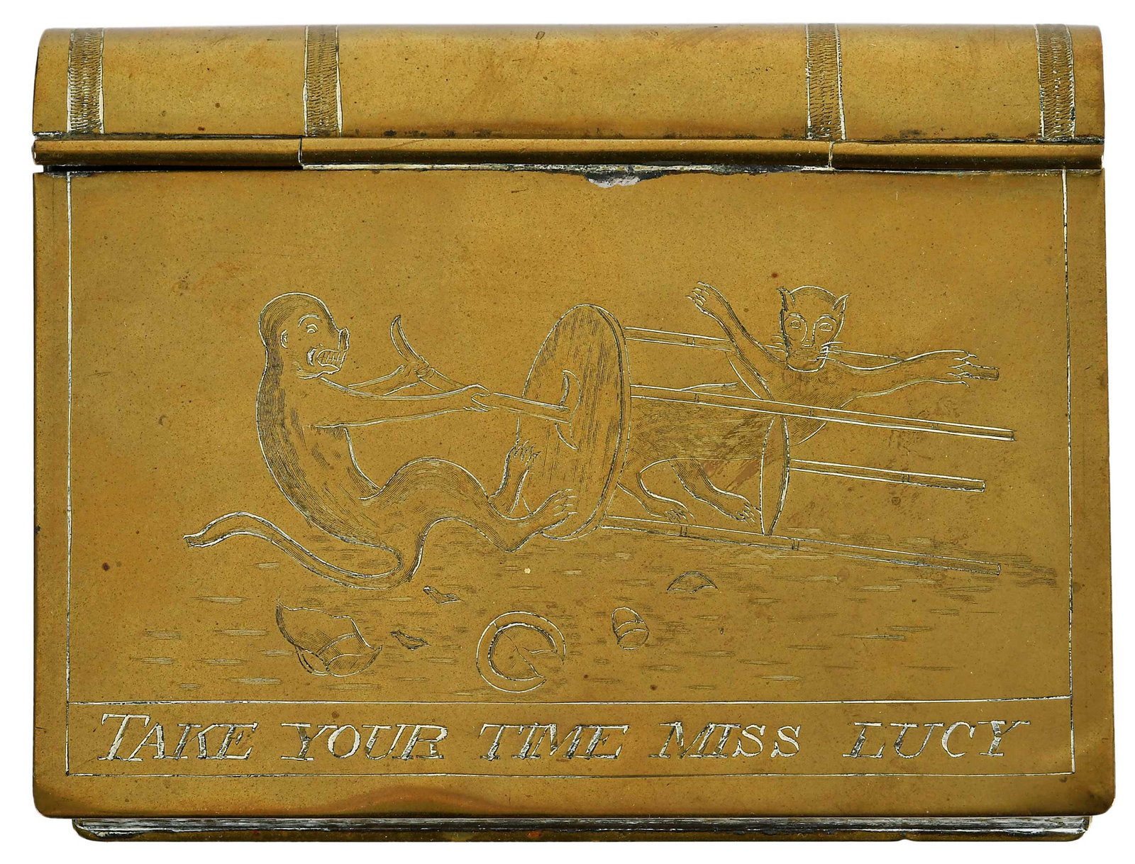 Brass Book Form "Take Your Time Miss Lucy" Tobacco Box: 19th century, engraved scene of monkey tormenting a cat, lettering "Take your time Miss Lucy", 1 x 5 x 4 in. Provenance: Sumpter Priddy, Alexandria, Virginia; Brunk Auctions, The Collection of Thomas 