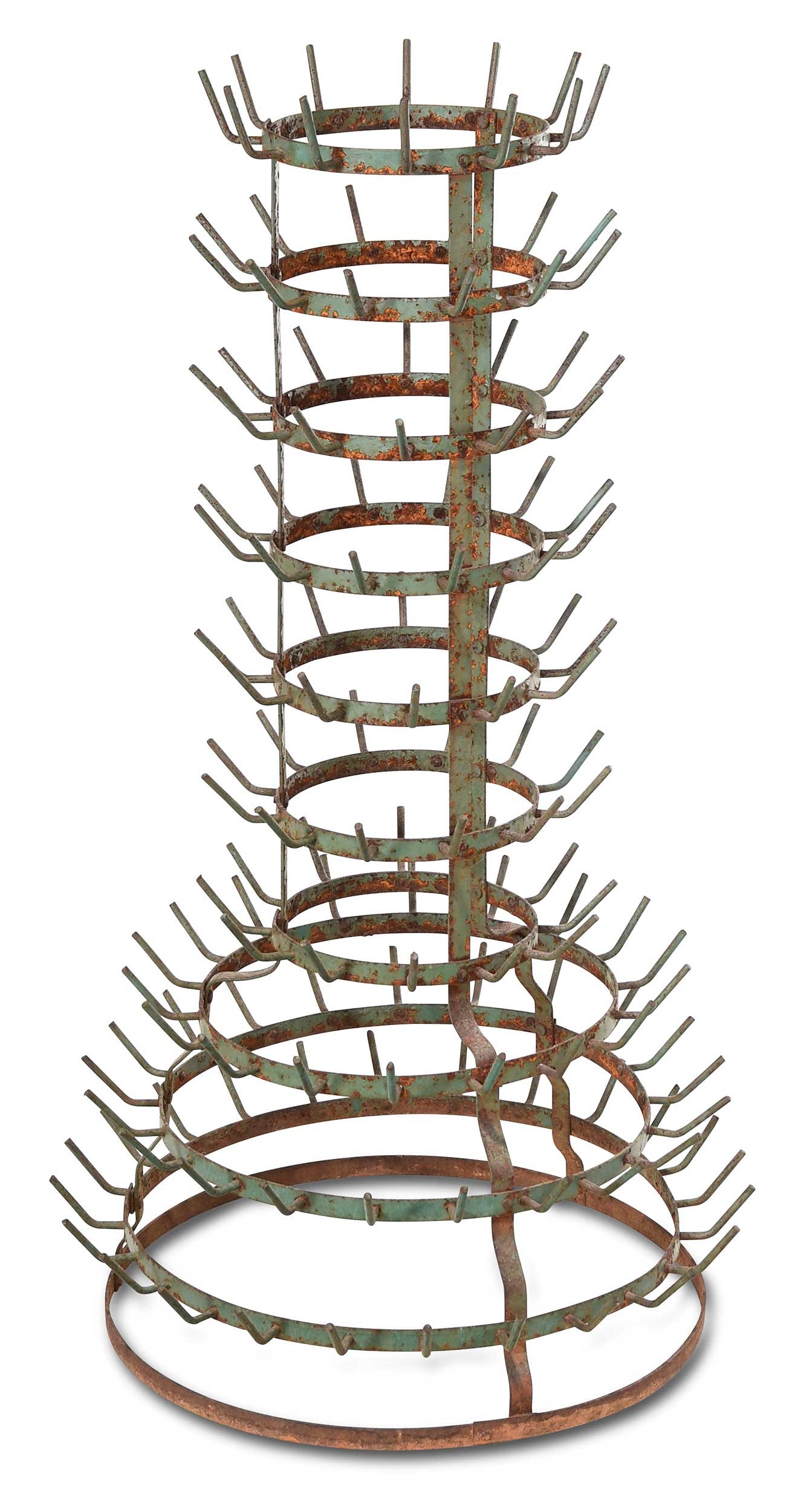 Antique French Green Painted Iron Bottle Drying Rack: late 19th century, stepped cylindrical form with ten tiers, 41-3/4 x 24-1/4 x 24-1/4 in. Provenance: Per Christopher H. Jones notes this was found in South Central Virginia; Christopher H. Jones, Alex