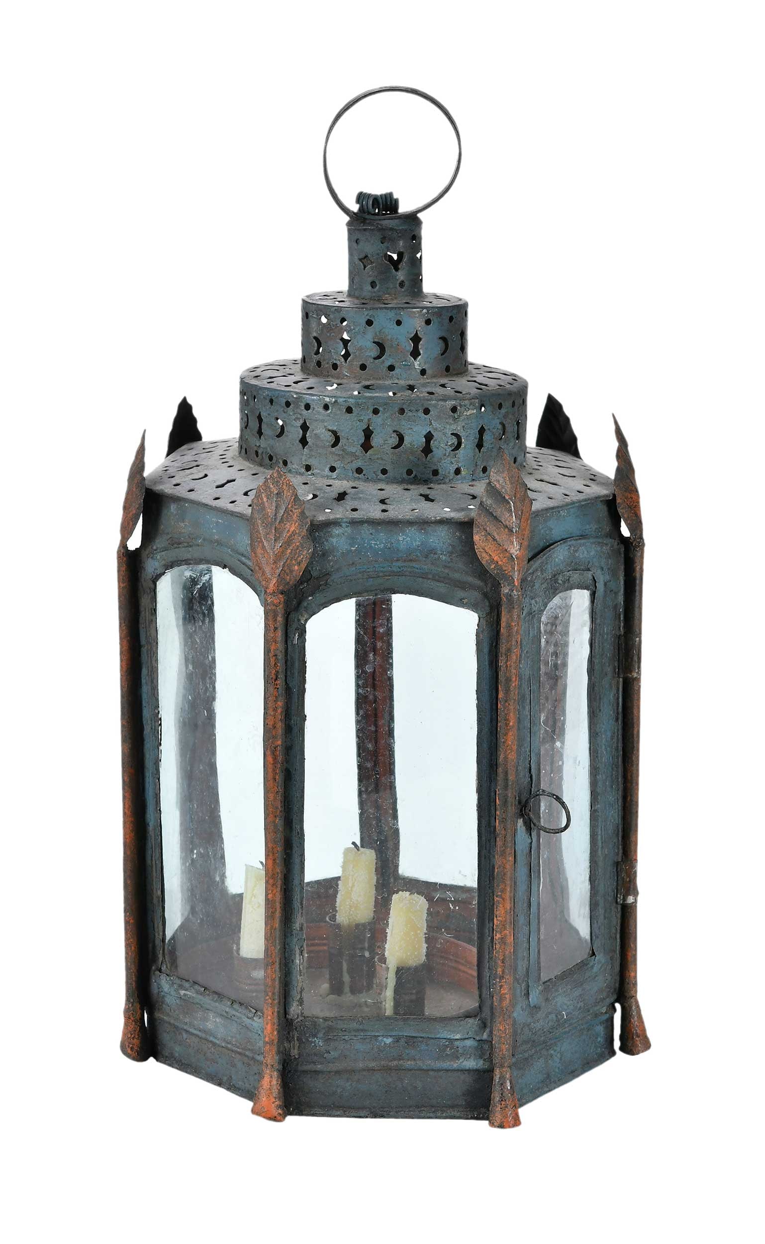 Fine and Early New England Painted Liberty Tree Lantern, Sumpter Priddy Provenance: mid 18th century, Wedding Cake or Liberty Tree lantern, painted tinned sheet iron and glass, original blue and red paint, leaf finials, pierced stepped pediment with crescent moons and stars, 20-1/2 x