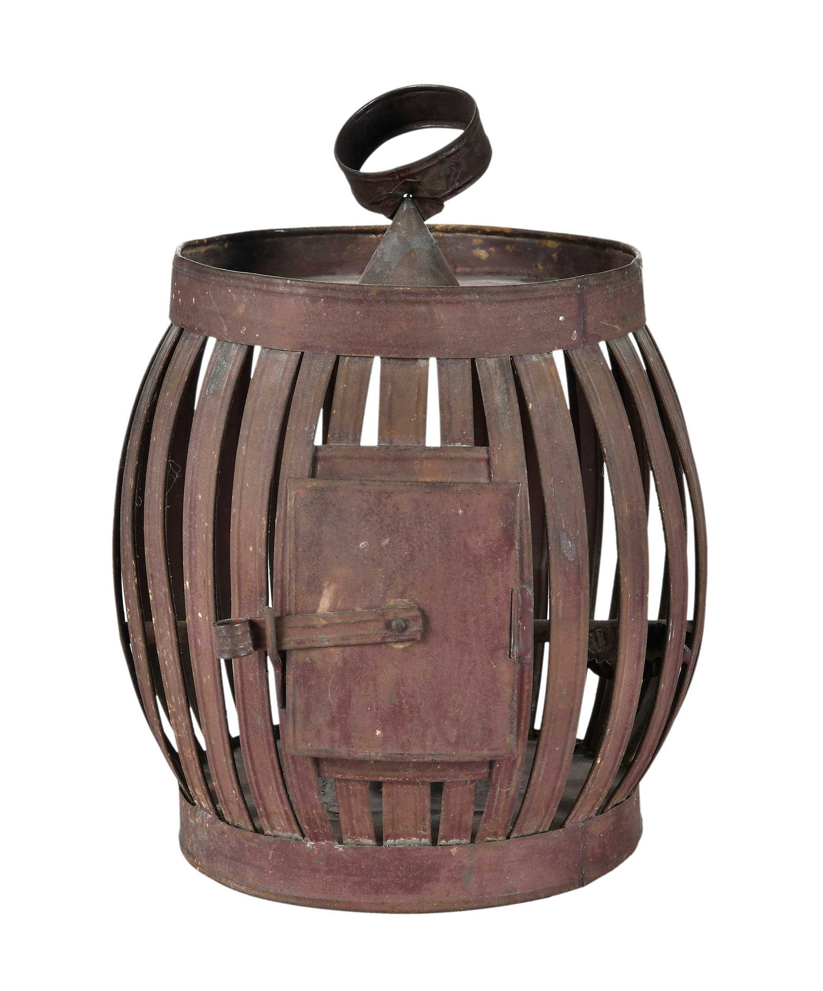 Unusual American Red Painted Sheet Iron Barrel Form Birdcage: first half 19th century, old and probably original surface, hanging loop to top, bar across interior, hinged door, 18-1/2 x 12 x 12 in. Provenance: Sumpter Priddy, Alexandria, Virginia, November 2002 