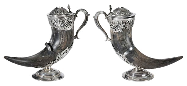 Pair Sterling Mounted Horn Vessels