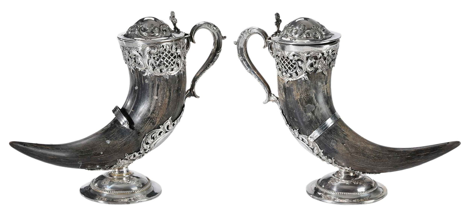Pair Sterling Mounted Horn Vessels: American, late 19th/early 20th century sterling mount horn vessels, scroll and openwork mounts, marks for Hamilton & Davis (Philadelphia, Pennsylvania), 8-3/4 x 11-3/4 x 4 in. Provenance: Don Wyatt An
