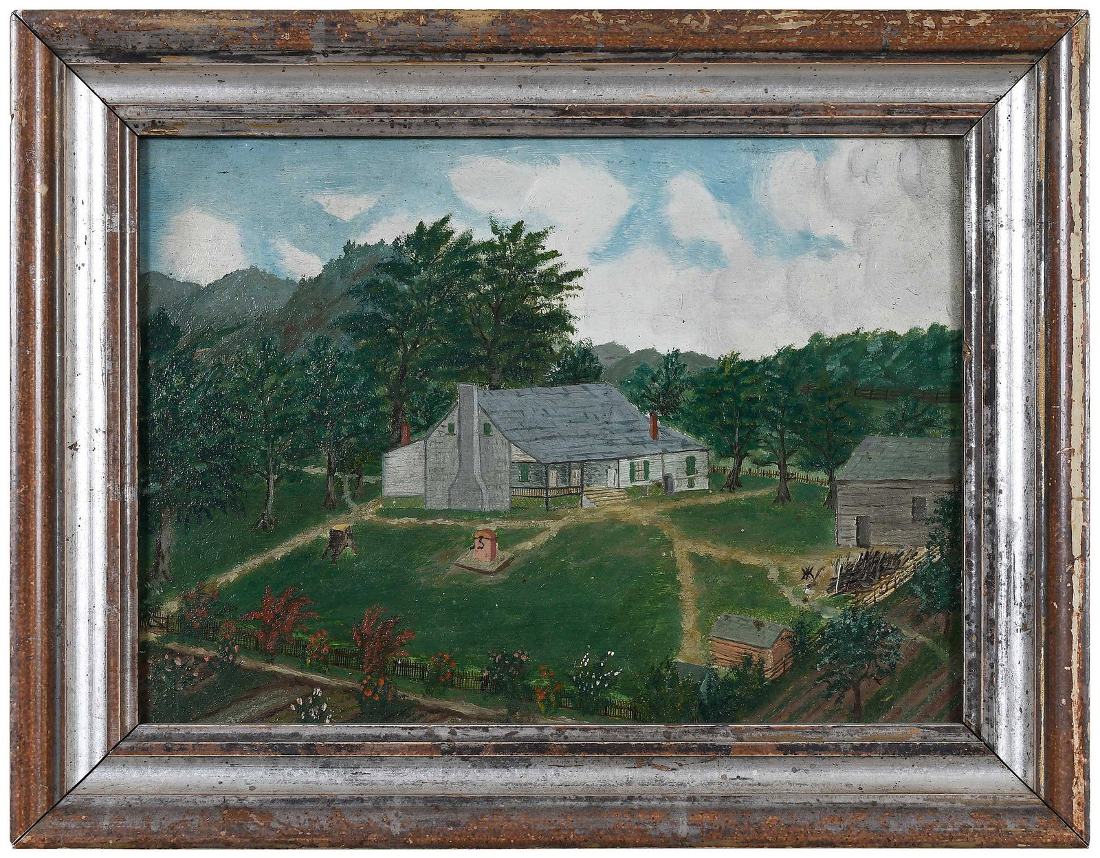 Folk Art Painting of an Alabama Home: (American/Alabama, 19th Century) Home of the Roth family, Tuscumbia, Alabama, oil on board, 8 x 11-1/4 in.; silver gilt wood frame, 10-1/2 x 13-1/4 x 1-1/4 in. Provenance: Sumpter Priddy, Alexandria,