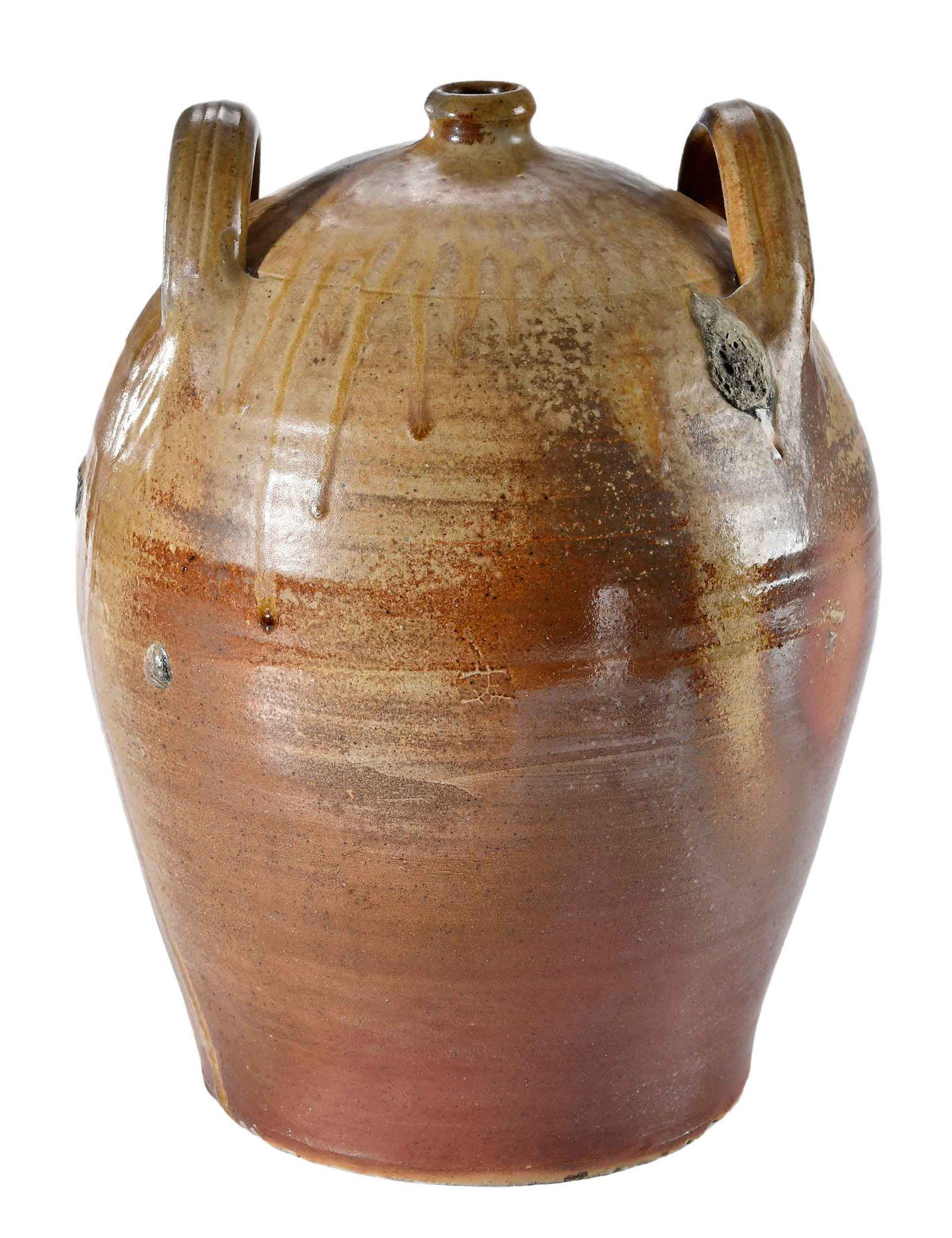 French Stoneware Jug: likely early 20th century, salt glaze, ash runs, tapered ovoid form, applied open ridged strap handles to upper shoulder of jar, tiny tooled spout, 13-1/4 in. Provenance: Allen Katz Americana, May 15t