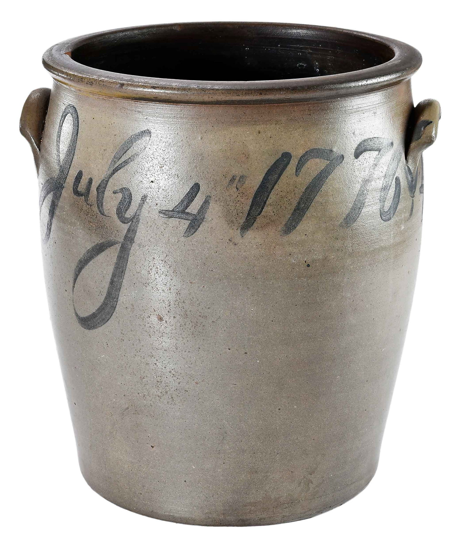 Cobalt Decorated Centennial Stoneware Portrait Storage Jar: probably Shenandoah Valley, circa 1876, cobalt portrait of a gentleman and inscription reading "July 4, 1776" and marked "4", applied arched strapped handles, 14 x 13-1/2 x 11-3/4 in. Provenance: