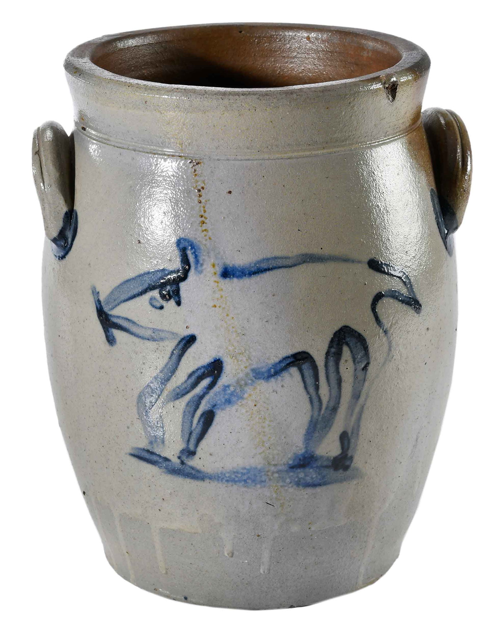 Shenandoah Valley Cobalt Decorated Stoneware Pig Jar: 19th century, cobalt decoration of a pig and a flower, applied strapped handles, 11 x 9-1/4 x 8 in. Provenance: Collection of Dr. George and Connie Manger