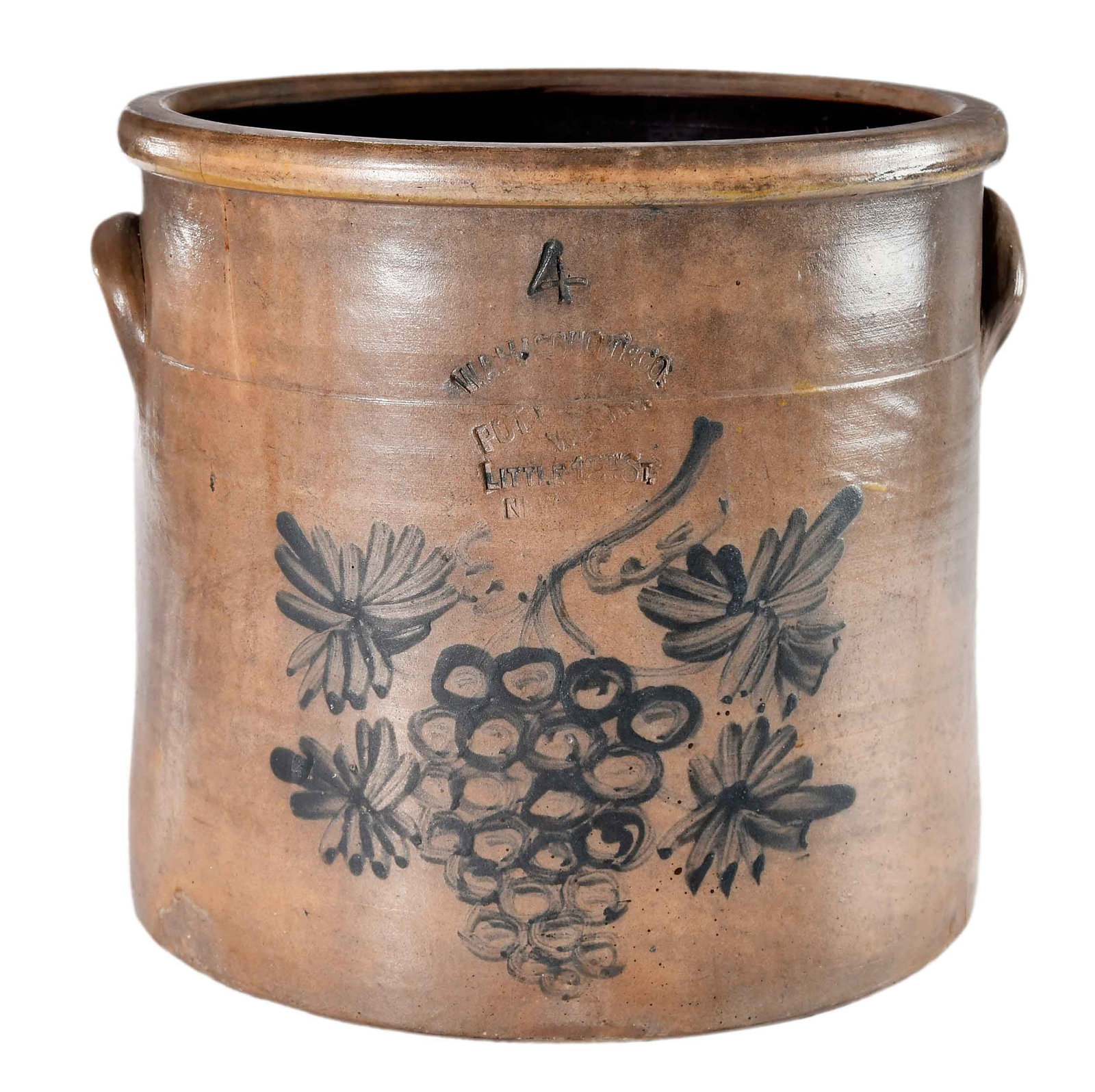 W.A. McQuoid & Co. New York Cobalt Decorated Stoneware Crock: New York City, mid 19th century, stamped "W.M. MacQuoid & Co./Pottery Works/Little 12th St./New York", with "4" gallon capacity mark, cobalt grape bunch decoration, approx. 11 in. Provenance:
