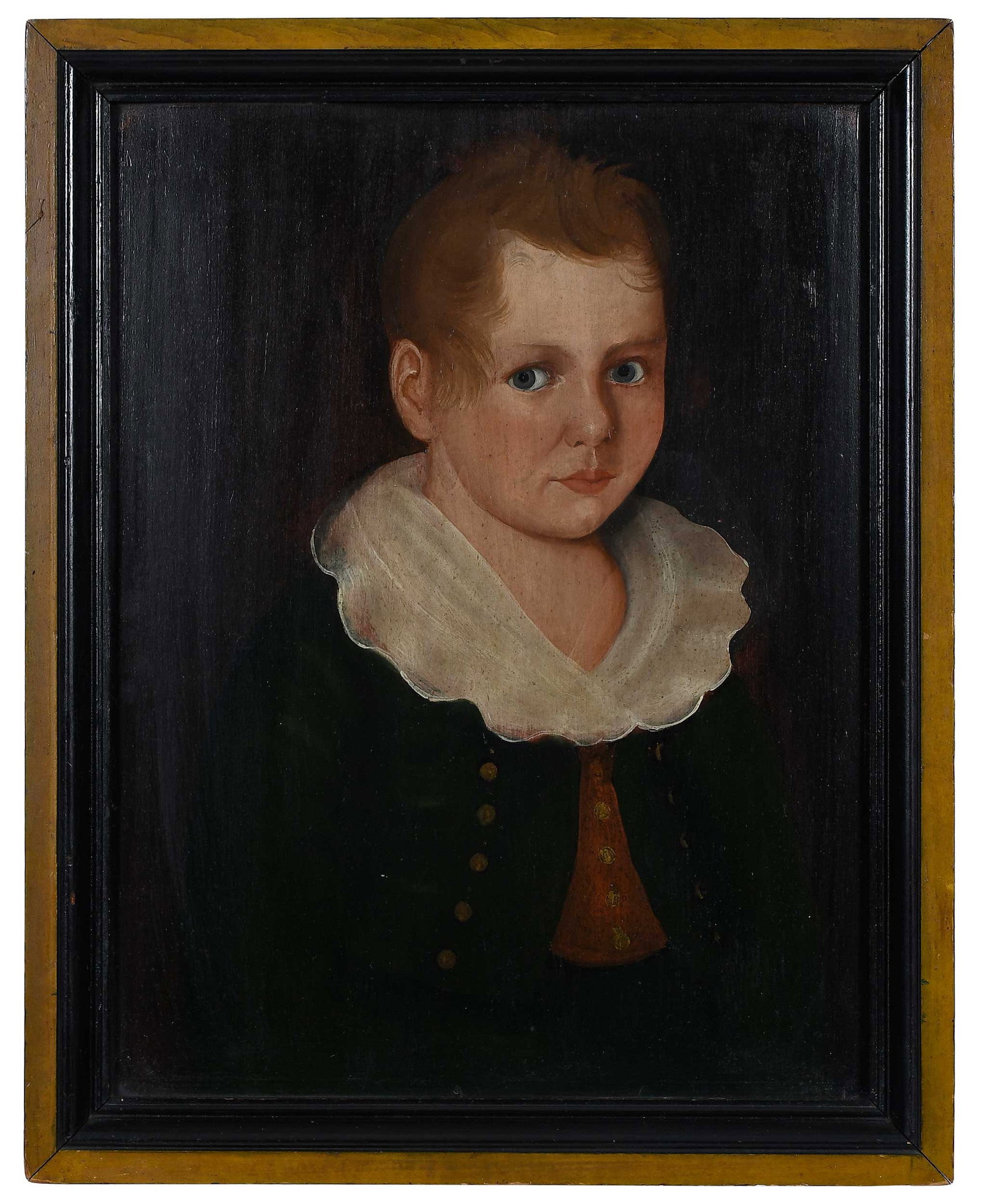 Folk Portrait of a Young Boy: (American, 19th century) Folk portrait, circa 1800, unsigned, oil on poplar panel, 20-5/8 x 15-3/4 in.; possibly original gilt and painted wood frame, 22-7/8 x 18-1/4 x 1 in. Provenance: The Merrill