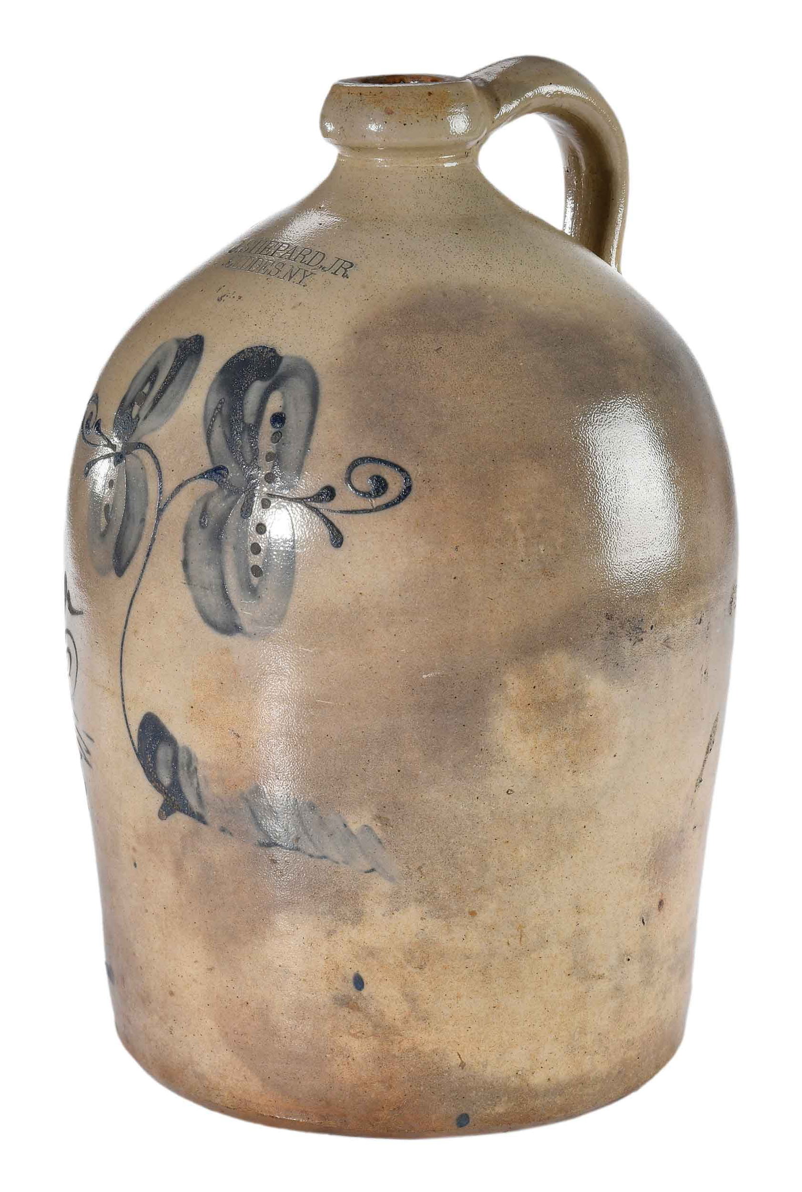 J. Shepard Jr. Five Gallon Stoneware Jug: Geddes, New York, mid to late 19th century, stamped under spout "J. SHEPARD, JR./Geddes. N.Y.", with cobalt floral decoration and script "5" underscored by flourish, 17-5/8 x 11-1/2 x 11-1/2 in.