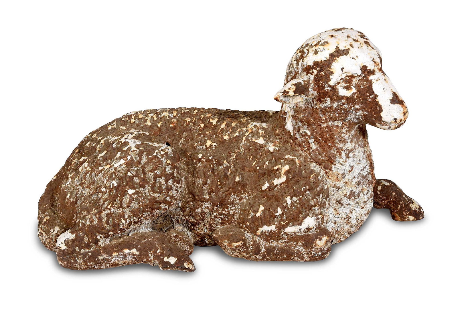 White Painted Cast Iron Recumbent Lamb: 19th century, apparently unmarked, remnants of enamel, approx. 35 lbs., approx. 11 x 20 x 10 in. Provenance: Collection of Dr. George and Connie Manger