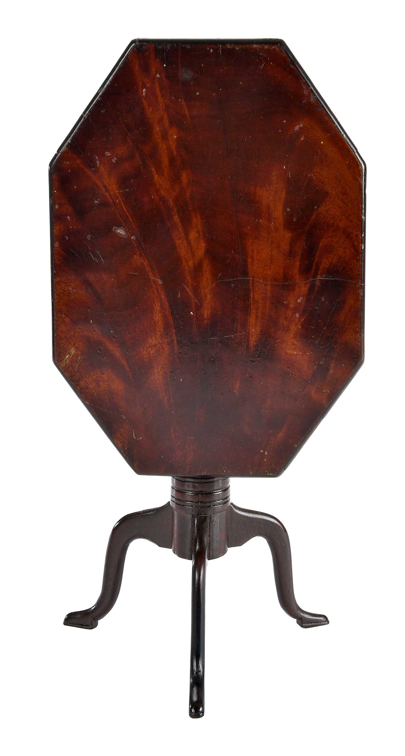 Miniature Federal Figured Mahogany Candlestand: 19th century, probably American, figured octagonal top on vasiform ring turned standard, approx. 7-1/4 x 7-3/4 x 5-3/4 in. Provenance: Collection of Dr. George and Connie Manger