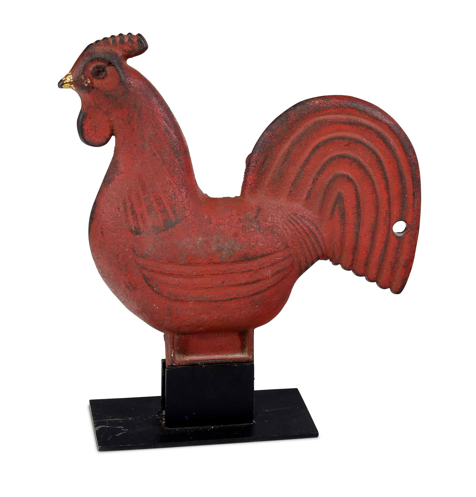 American Folk Art Rooster Form Mill Weight in Original Red Paint: early 20th century, heavy cast iron full bodied form with red and yellow painted surface, approximately 18-1/2 x 17 x 3 in., with metal stand Provenance: Sotheby's (label on base); Collection of Dr. G