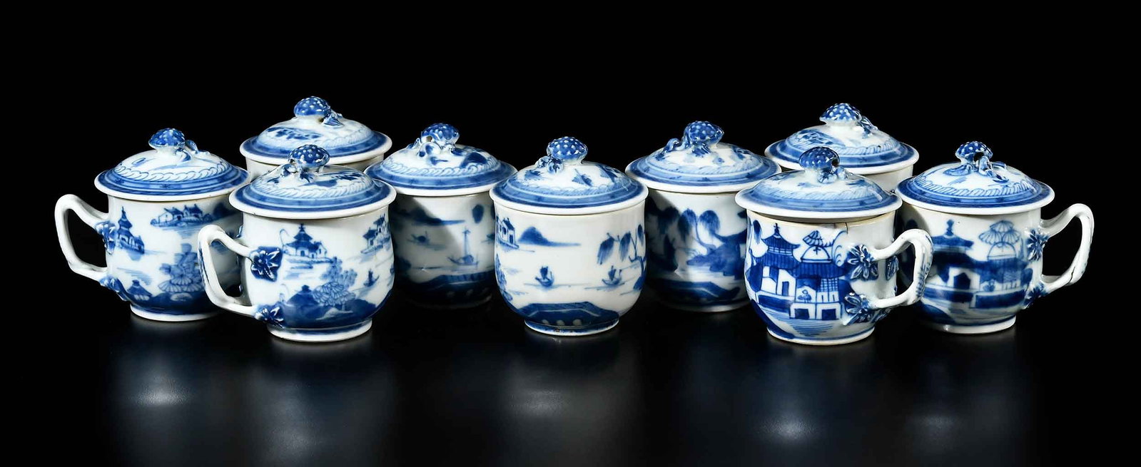 Nine Chinese Export Blue and White Porcelain Pot de Creme Cups (1 of 10)