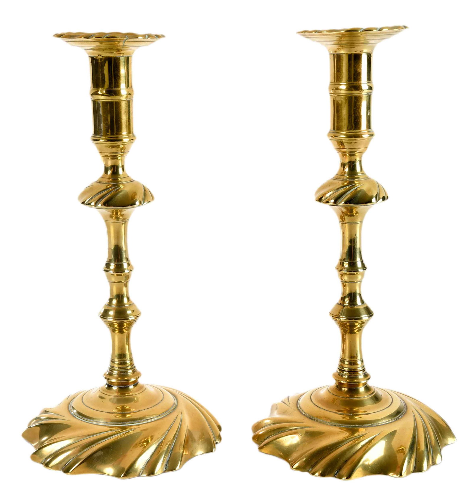 Pair of 18th Century English Swirl Base Brass Candlesticks with Twist Ejectors (1 of 8)