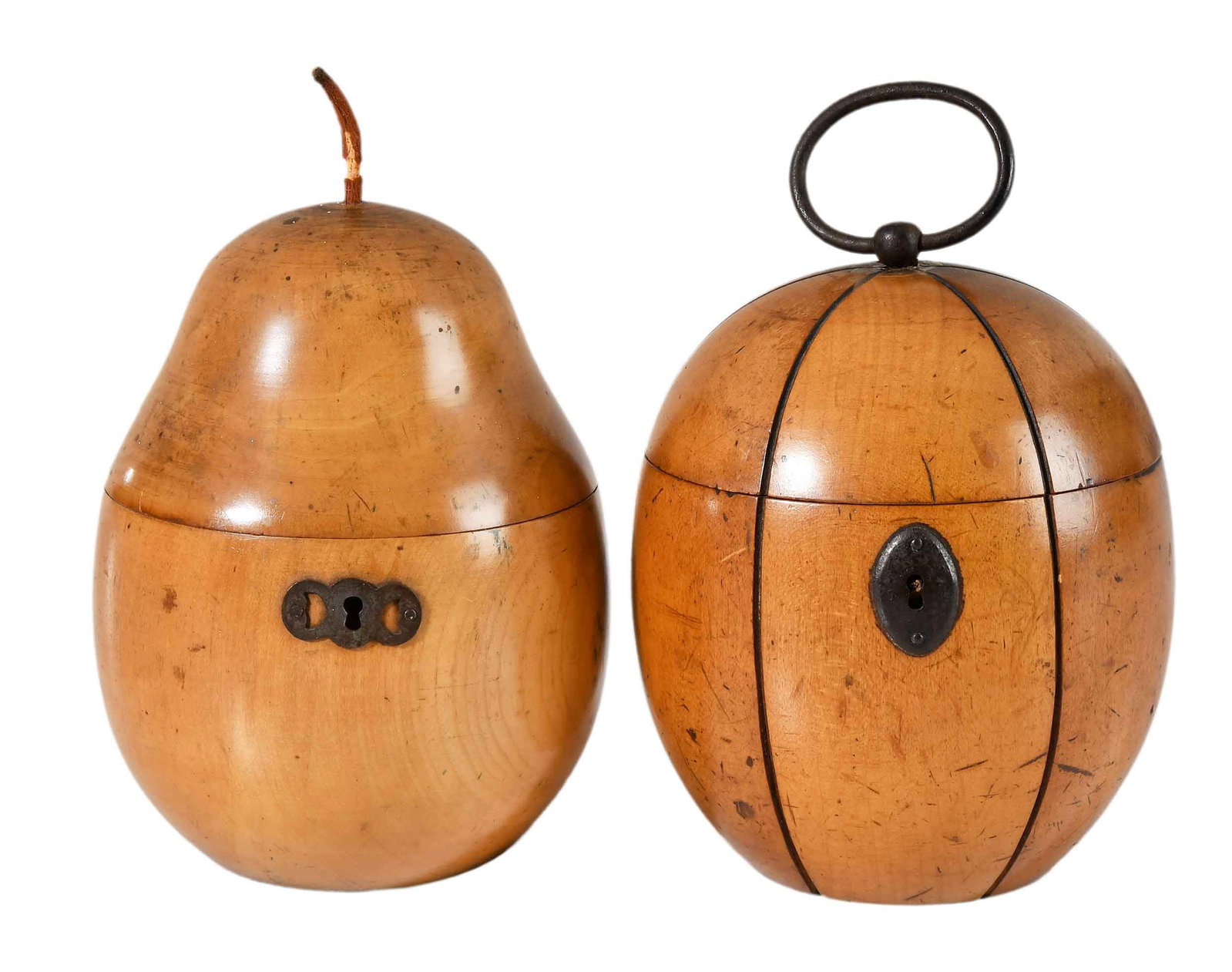 Two Georgian Pear and Melon Form Fruitwood Tea Caddies (1 of 9)