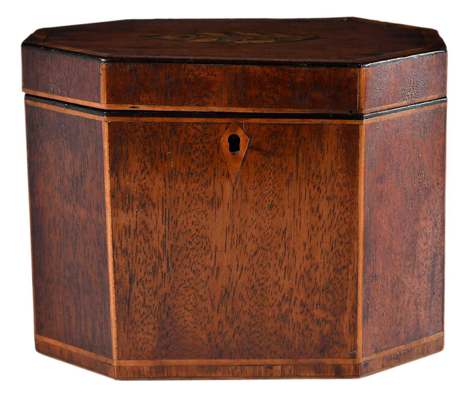 Georgian Octagonal Inlaid Tea Caddy: early 19th century, mahogany with light and dark wood inlay, the top with floral paterae inlay, 5 x 6-3/4 x 4-1/8 in. Provenance: Collection of Dr. George and Connie Manger