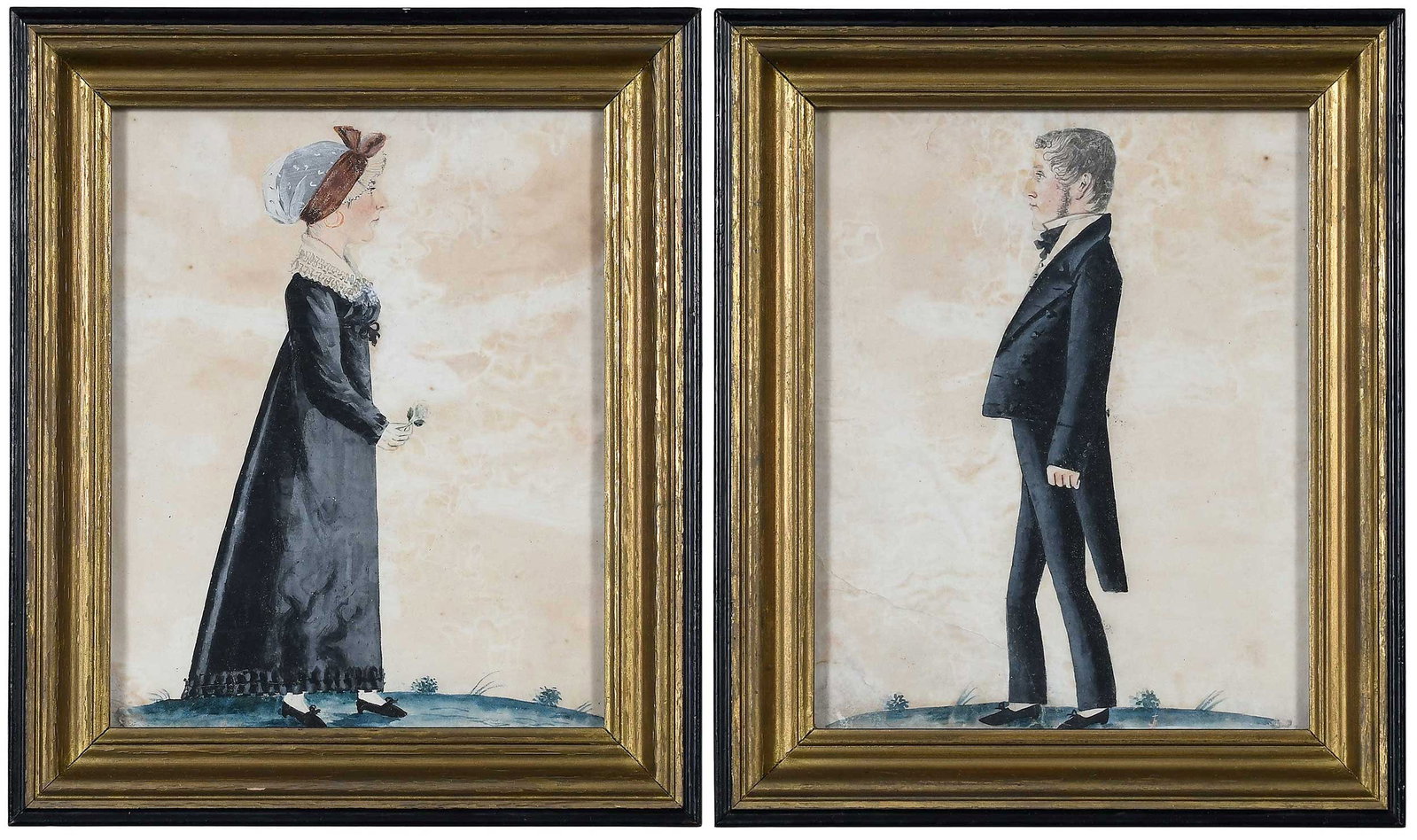 Attributed to Jacob Maentel, Portraits of a Husband and Wife: (German/America, 1763-1863) Couple in dark clothing, unsigned, she with illegible inscription verso, watercolor on paper, 10 x 7-7/8 in.; gilt wood frame, 12-5/8 x 10-5/8 x 7/8 in. Provenance: The