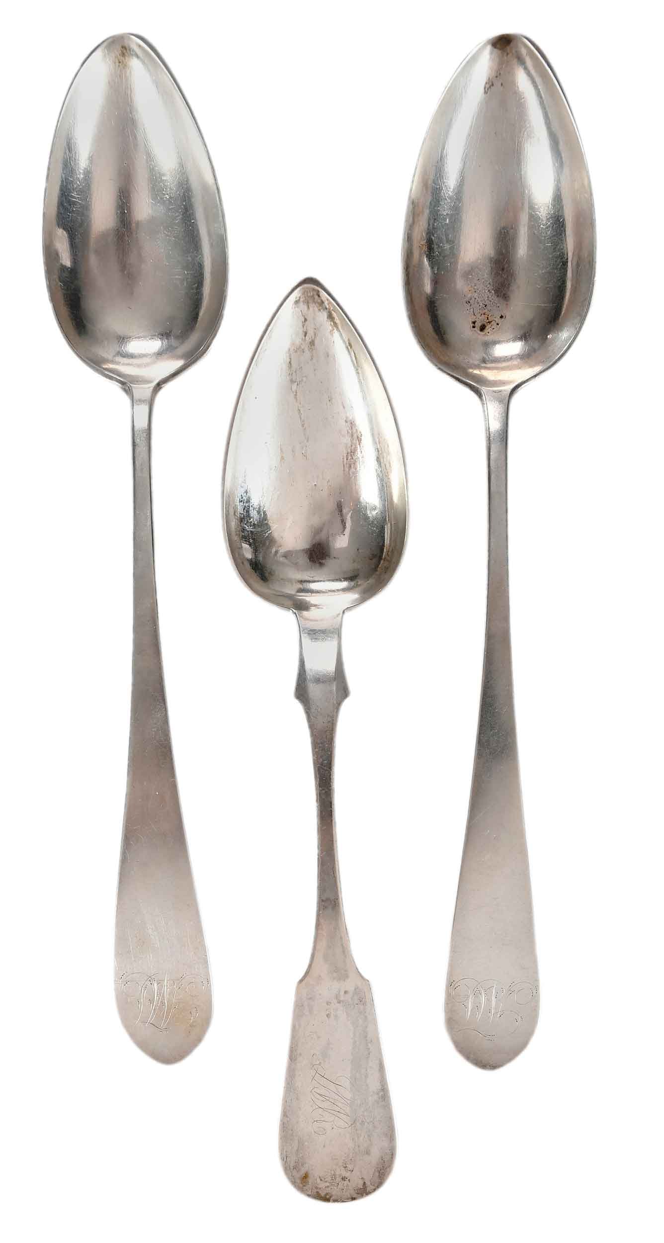 Three Virginia/Hagerstown, Maryland Coin Silver Serving Spoons: Southern, late 18th/19th century, including two oval handle with marks for Arthur Johnston (Hagerstown, Maryland, working 1790-1846), 10 in.; one fiddle handle, marks for Frederick Jerome Posey