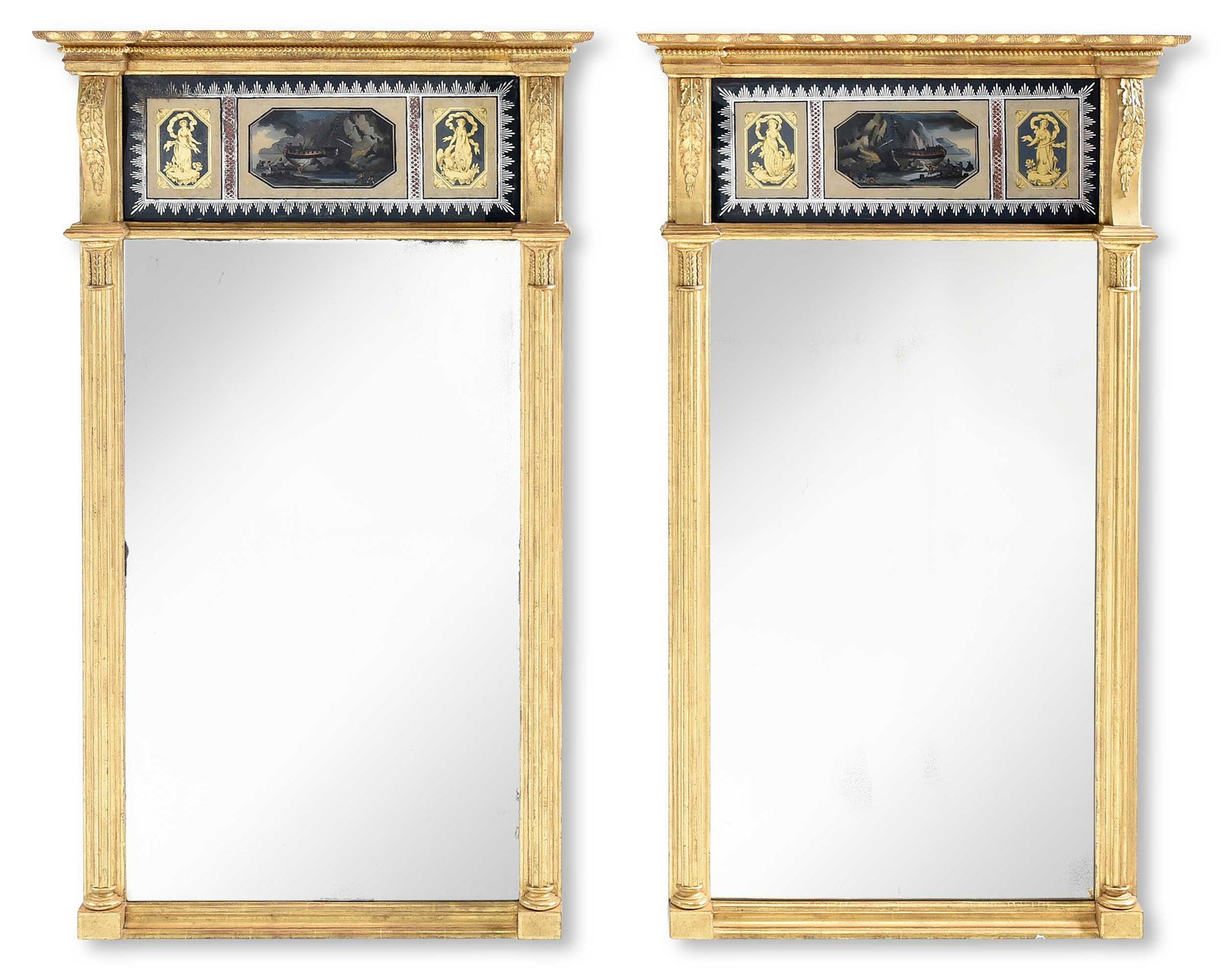 Rare Pair 1803 Federal Eglomise Mirrors, Doggett Label and Penniman Signature: one with label to back reading "JOHN DOGGETT, GILDER, Looking-Glass and Picture Framer Roxbury-Street", the other mirror's eglomise panel inscribed with "Painted by John Ritto Penniman, Boston, 1803",