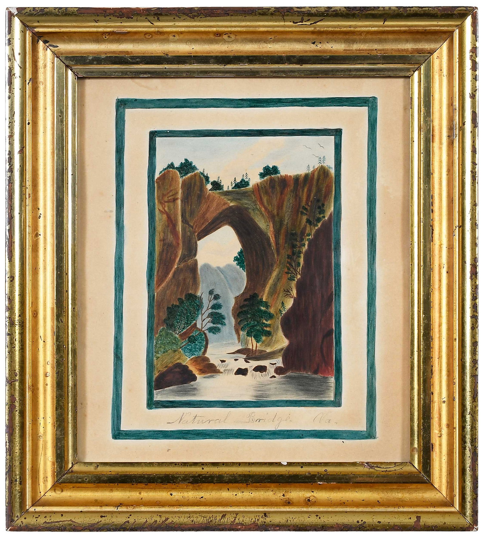 Folk Art Watercolor of Natural Bridge: (Shenandoah Valley of Virginia, late 19th/early 20th Century) Natural Bridge, Virginia, mixed media, sight 8 x 6 in.; giltwood frame, 12 x 10-1/2 in. Provenance: Collection of Dr. George and Connie Ma