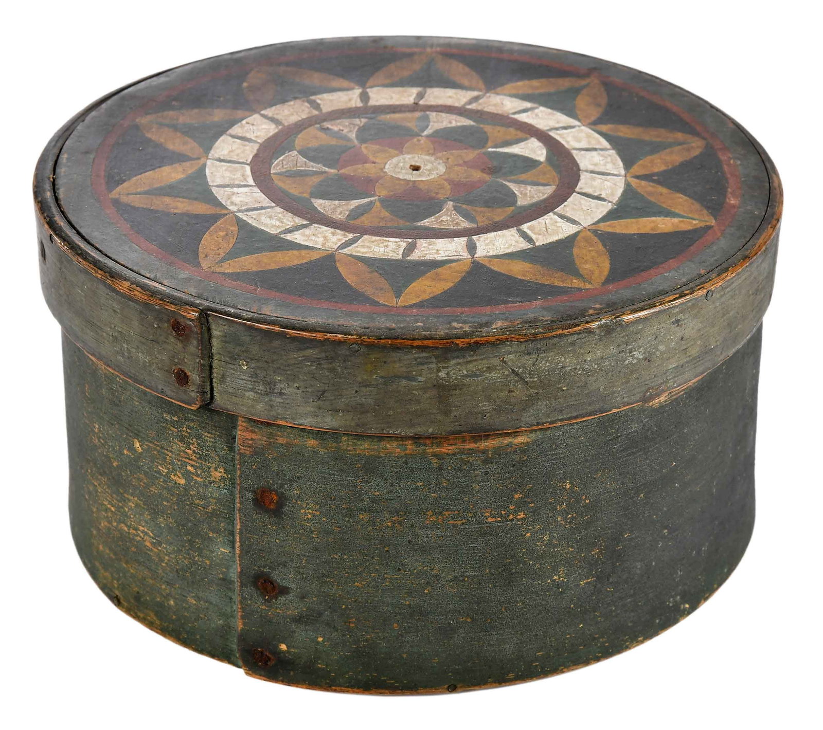Virginia Attributed Folk Art Paint Decorated Bentwood Pantry Box: 19th century, Prussian blue with mustard, red, and white compass decoration to lid, 4-1/2 x 8-3/8 x 8-3/8 in. Provenance: Collection of Dr. George and Connie Manger