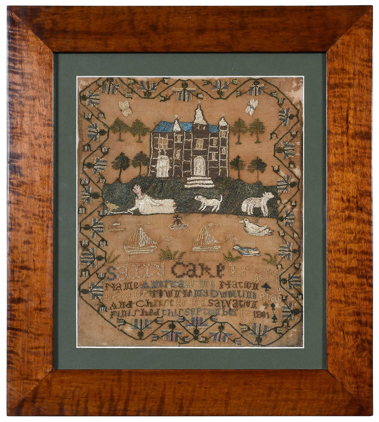 1801 Maryland Pictorial Sampler, Sarah "Sally" Cake: Hagerstown, Maryland, silk on silk with ink or watercolor, imagery of a house, animals, insects, boats, and possibly a self portrait, reads "Sally Cake is my/name America is my Nation/Hagarstown [sic]