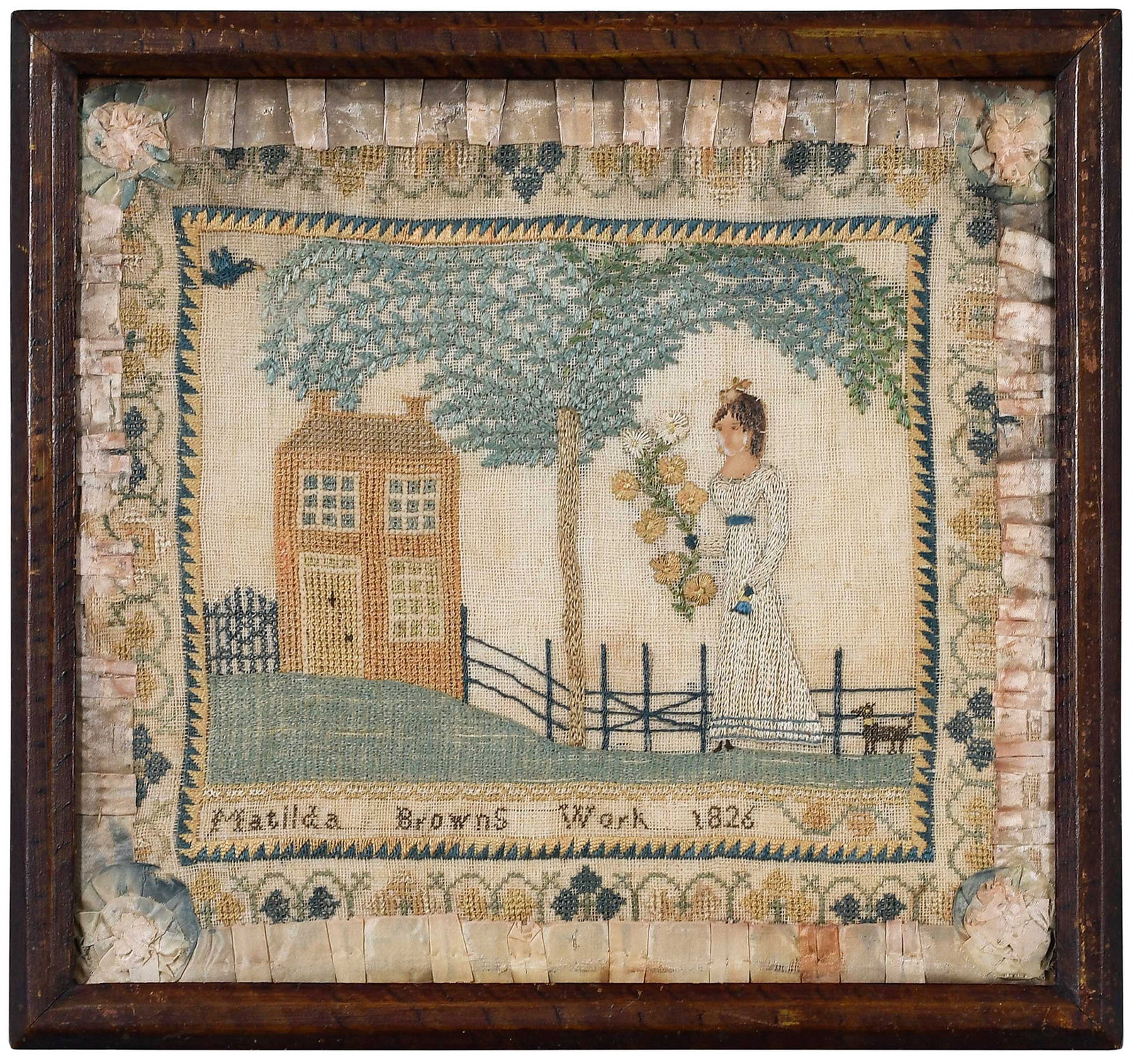 19th Century American Pictorial Needlework, Matilda Brown: attributed to Smithsburg, Maryland, silk on linen with silk ribbon and painted paper, reads "Matilda Browns [sic] Work 1826", original backboard retained as part of frame, sight 10-3/4 x 11-3/4 in.; w