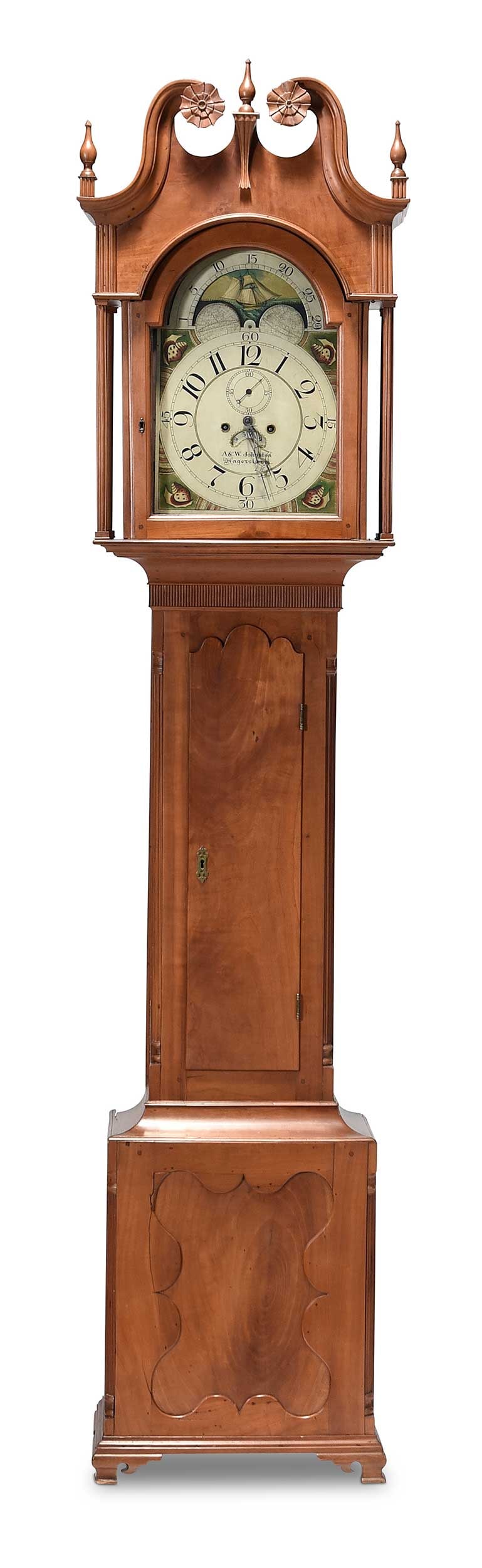 Rare Hagerstown, Maryland Federal Carved Cherry Tall Case Clock: Arthur and William Johnston, Hagerstown, Maryland, circa 1805, brass movement signed on the back "Jacob Craft", shell painted dial with moon phase with naval and cottage scene, month and second featur