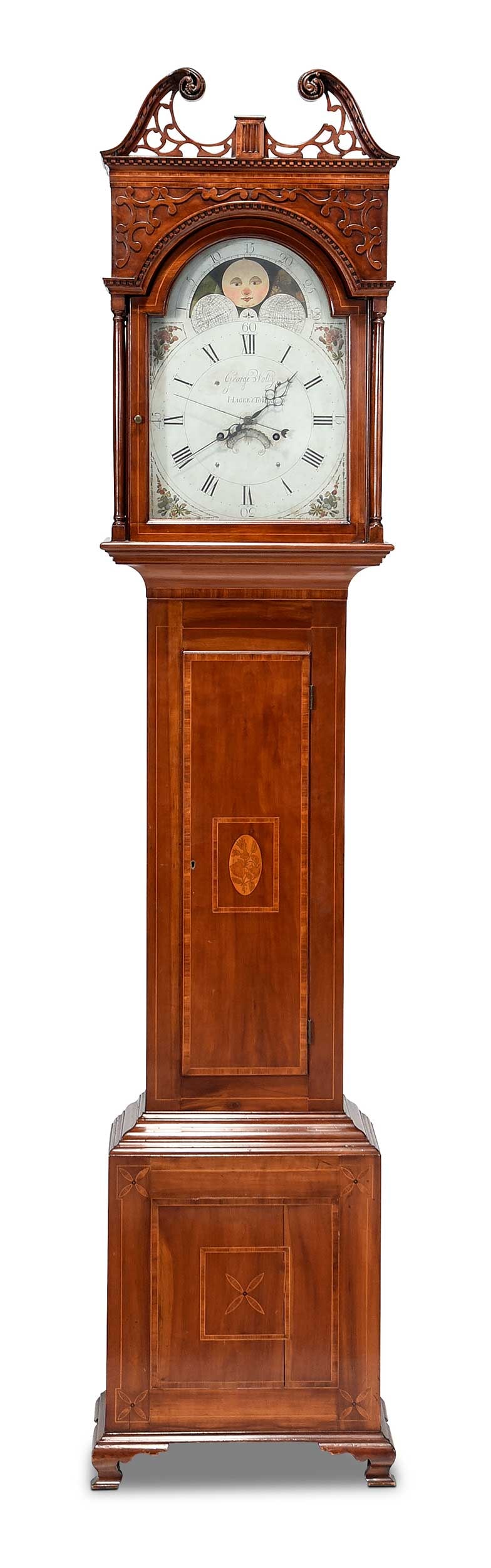 Fine Hagerstown, Maryland Federal Inlaid Cherry Tall Case Clock, George Woltz: Hagerstown, 18th century, poplar(?) secondary wood, painted dial with moonphase and day of the month feature, inscribed "George Woltz Hager'stown", carved and lattice work bonnet with scrolled pedimen