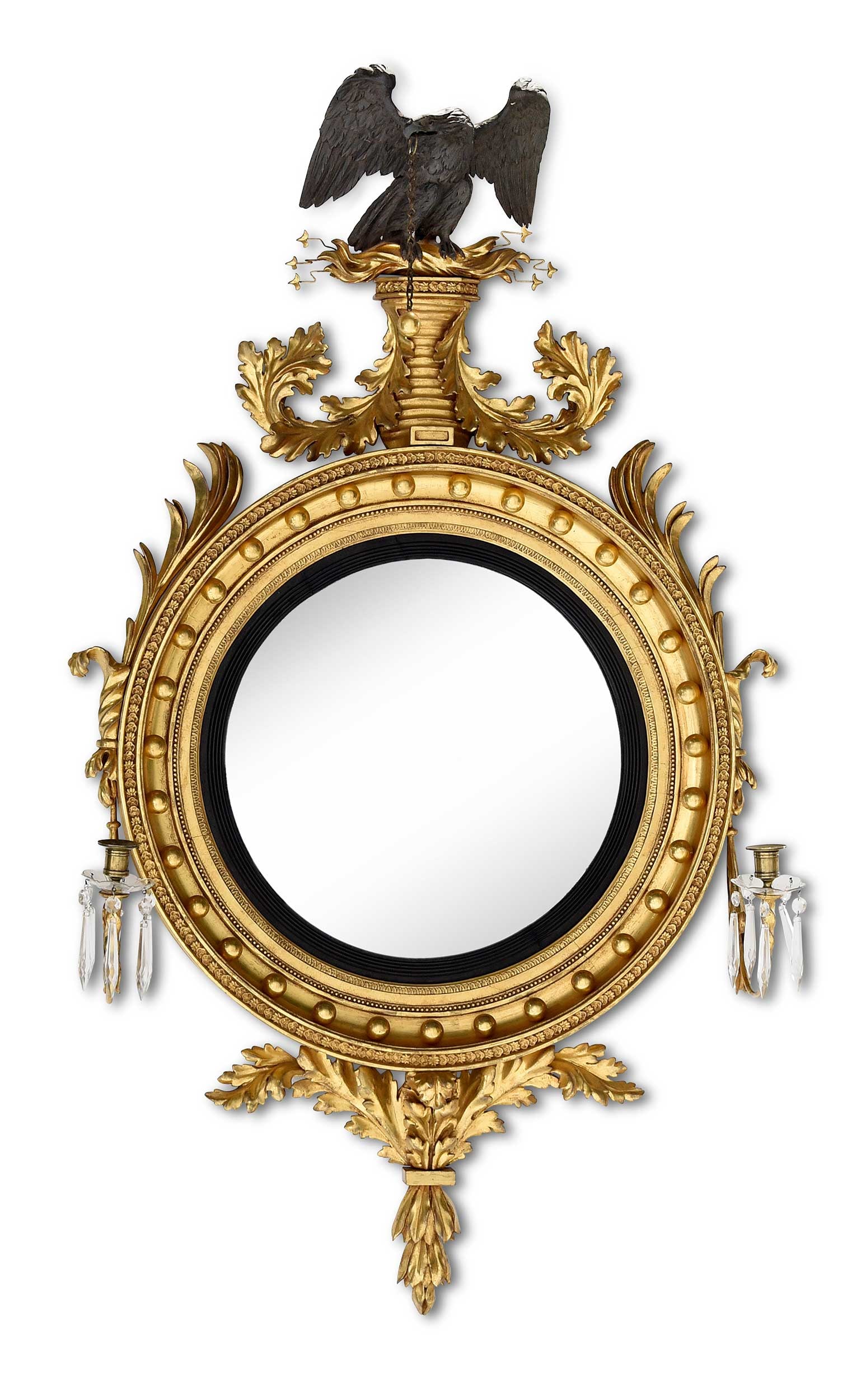 Fine Classical Carved and Gilt Convex Girandole Mirror: British or American, early 19th century, original convex mirror plate, possibly original backboard, fine foliate carved eagle crest, sides and bottom with acanthus sprays, two giltwood candle arms wit
