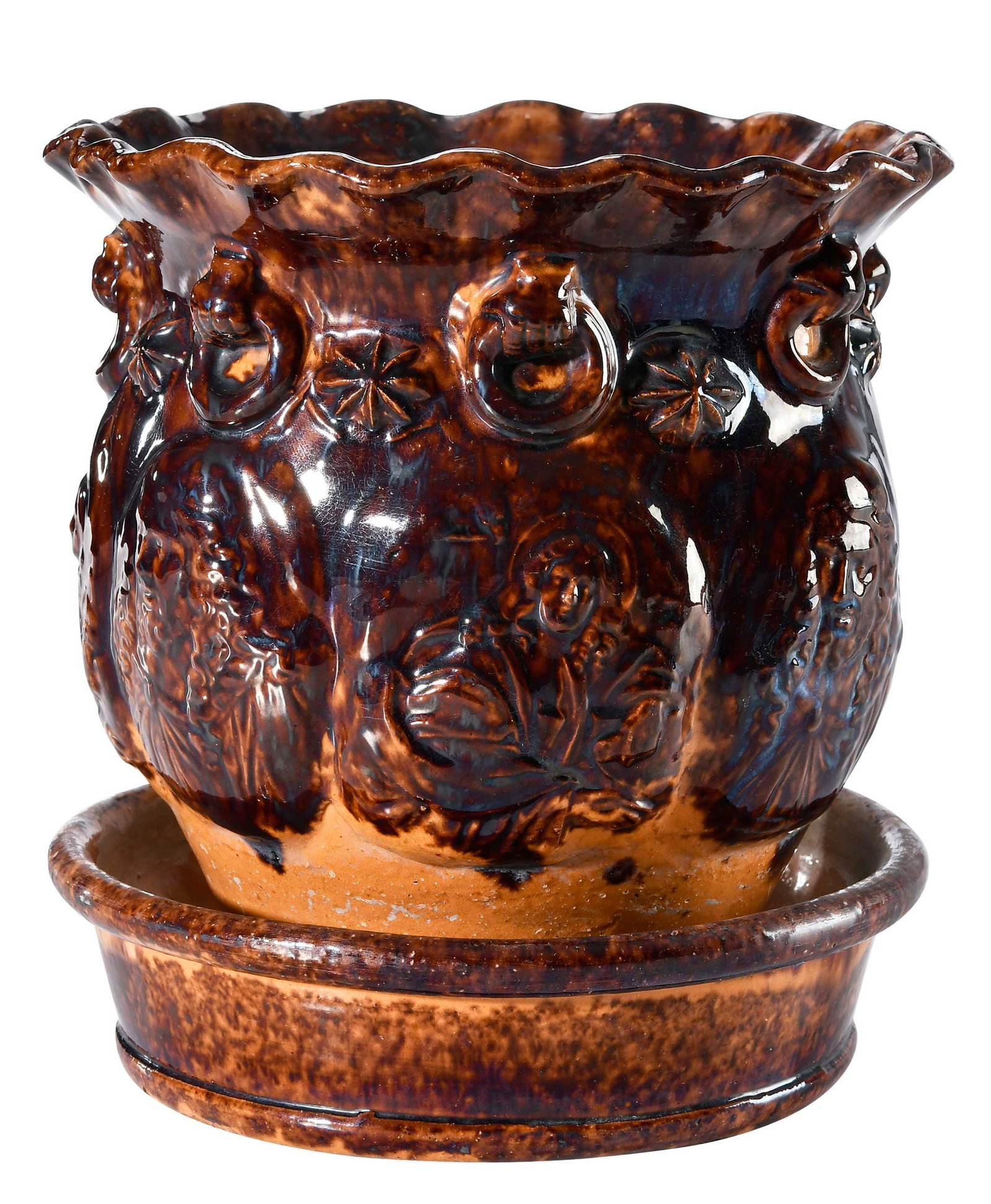 Extremely Rare Signed and Dated Charles F. Bell Waynesboro, Pennsylvania Earthenware "Apostle": presentation piece, inscribed on base "Made By Charles F. Bell, Waynesboro, Pa., January 24th, 1872, for L.G.B.", manganese and lead glaze, streaky gunmetal blue colored glaze high lights and runs, ta