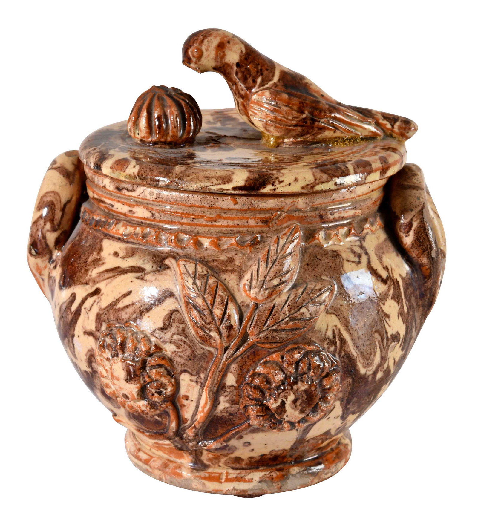 Extremely Rare J.E. Simons Pottery Mechanicstown, Maryland Earthenware Covered Sugar Bowl: circa 1881-1883, lead manganese and engobe glaze, footed bowl with strap lug handles, applied flower and vine decorations to front and back of jar, impressed ruffled band under tooled double banded ri