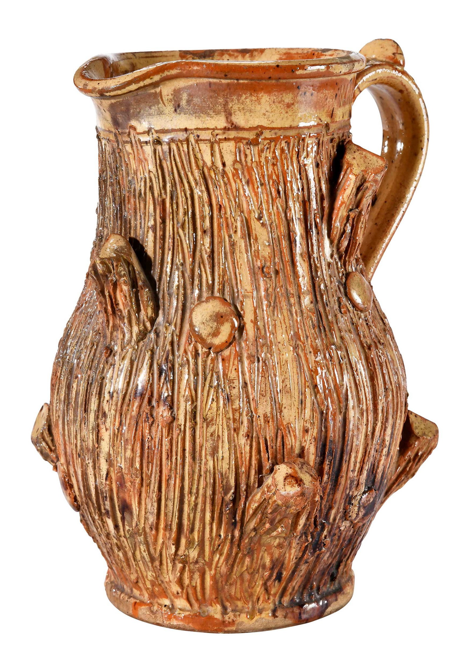 Extremely Rare Stamped W.A. Lynn Mechanicsville, Maryland Tree Stump Earthenware Pitcher: William Addison Lynn, Big Hunting Creek Pottery, circa 1875-1880, lead oxide, manganese, and engobe glaze, textured incised tree stump form with articulated cut branches and knots, footed base, tooled