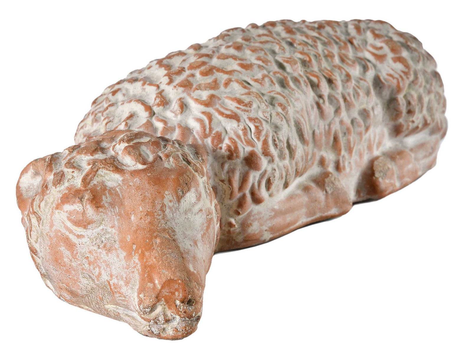 Rare Attributed J. Eberly & Co. Strasburg, Virginia Figural Lamb Earthenware Doorstop: late 19th century, Shenandoah Valley, figural molded lamb in sleeping position, earthenware with applied white paint decoration, articulated wool, legs and facial features, 3-1/2 x 13 in. Provenance: 