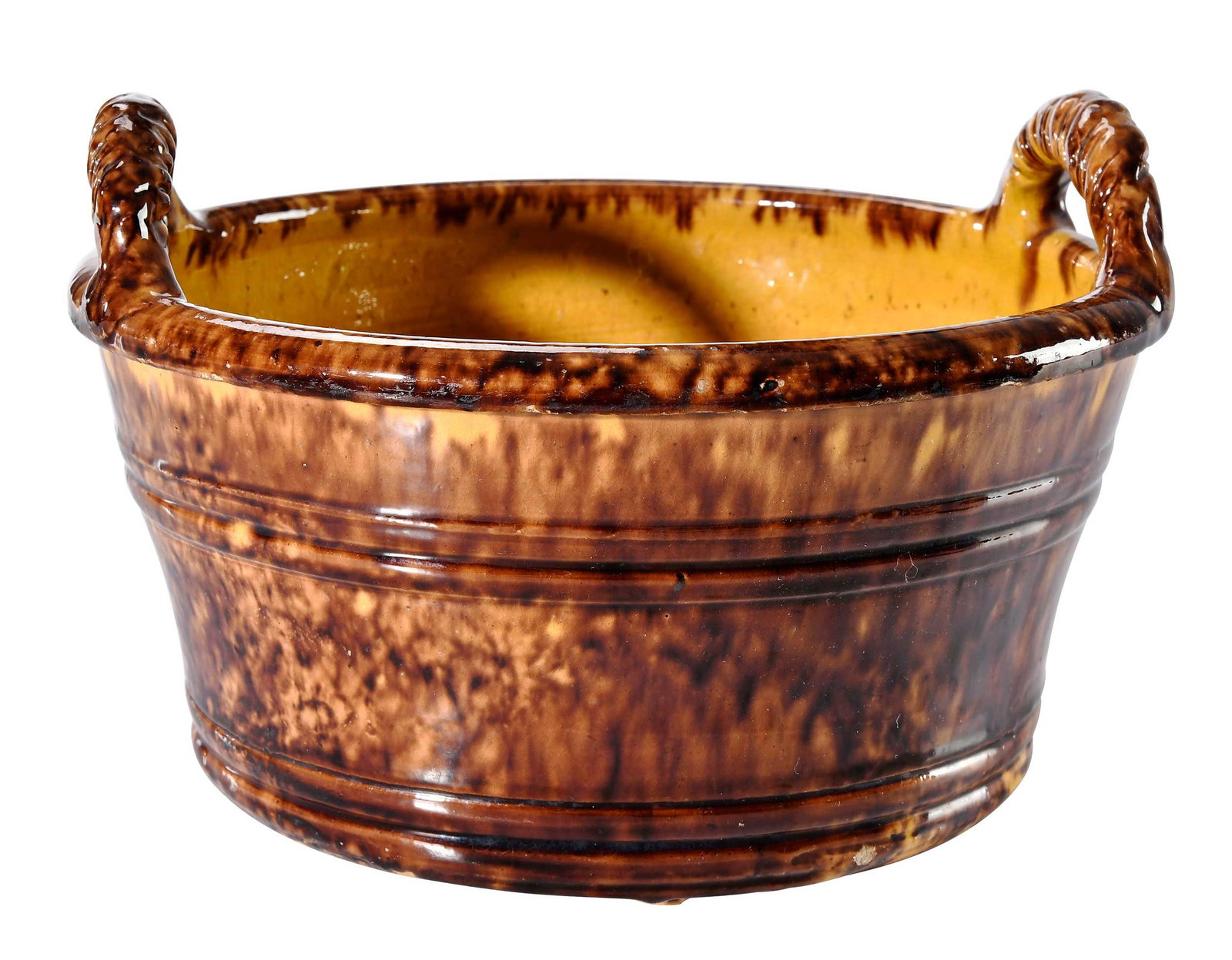 Fine John Bell Waynesboro, Pennsylvania Earthenware Butter Tub: circa 1840-1880, lead oxide, manganese and engobe glaze, slightly tapered form, tooled banding around base edge and upper body, tooled semi round rim, stamped "JOHN BELL" on shoulder, applied rope twi