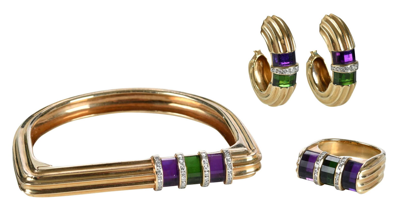 14kt. Scott Keating Suite: Earrings, Ring, and Bangle Bracelet: fluted J hoop earrings, two turret cut green tourmaline, two turret cut amethyst, 18 round faceted diamonds, graduating in size, marked "SKD, 14k", yellow gold, post back, 1-1/8 x 7/8 in., 19.2 g; flu