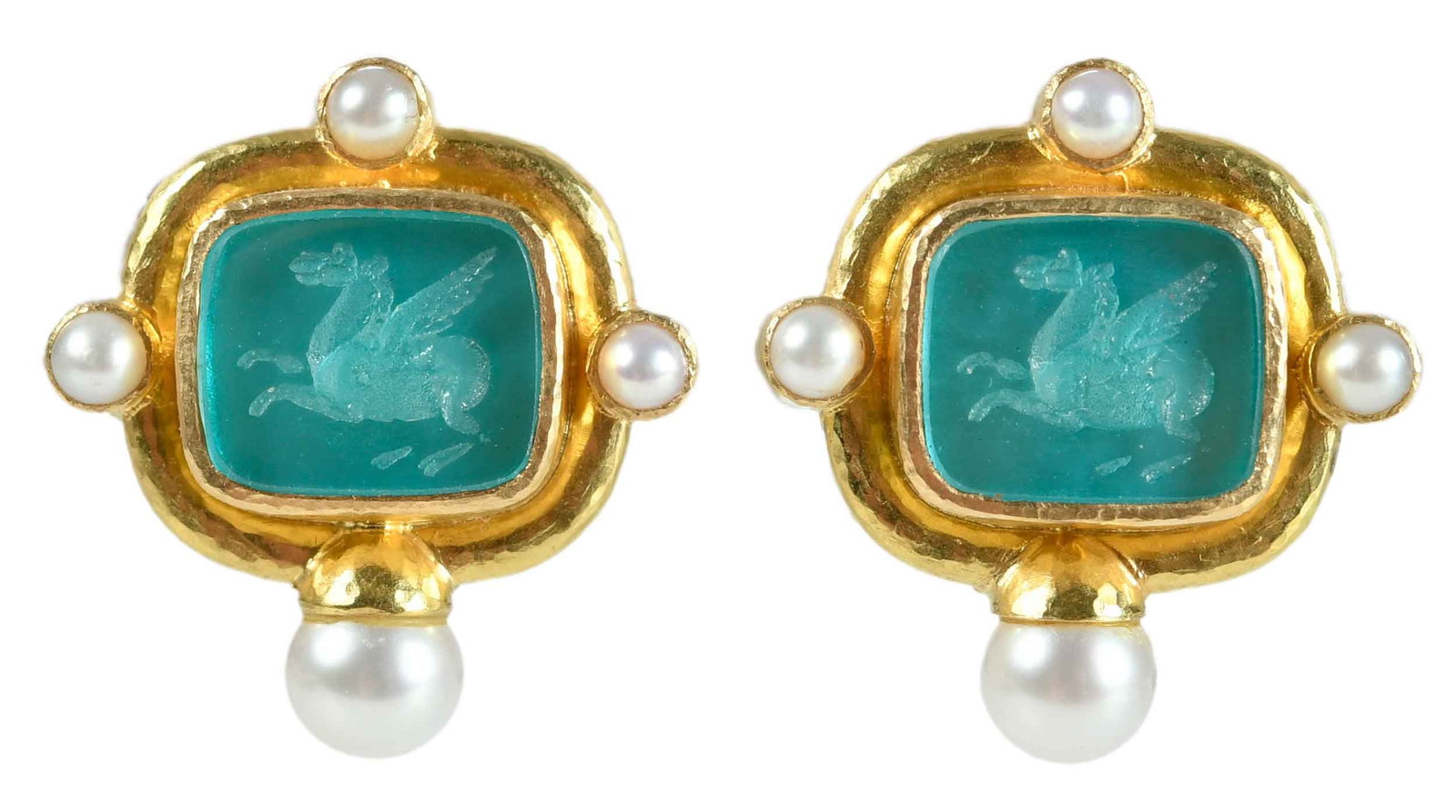 19kt. Elizabeth Locke Venetian Glass Intaglio Earrings with Pearl Accents: four round cultured pearls, mother of pearl backed light aqua Venetian carved glass, marked "19K", yellow gold, maker's mark, collapsible post, omega clip backs, 7/8 x 7/8 in., 15.5 g Provenance: Coll