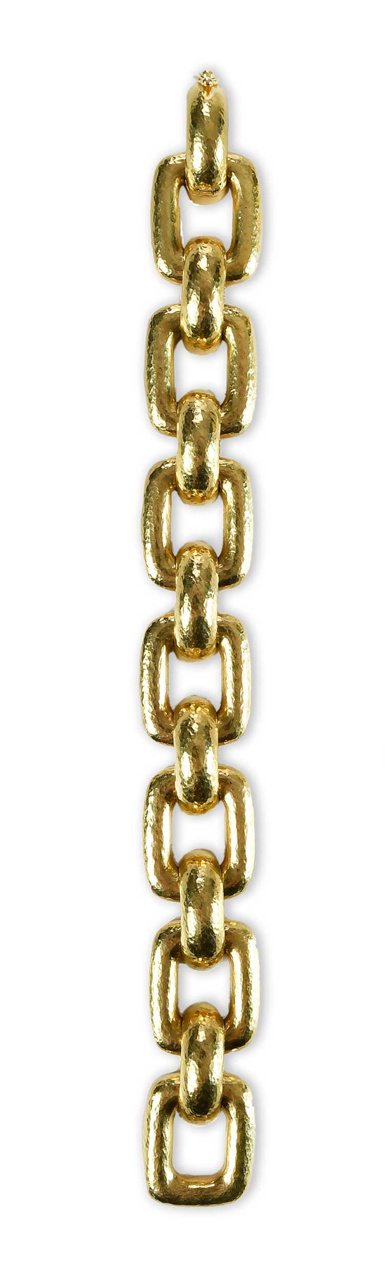 19kt. Elizabeth Locke "Livorno" Rectangular Link Bracelet: hammered finish, marked "19K", yellow gold, maker's mark, hidden clasp, 8 in. length, 21mm links, 104.2 g Provenance: Collection of Dr. George and Connie Manger Note: Brunk Auctions does not guarantee