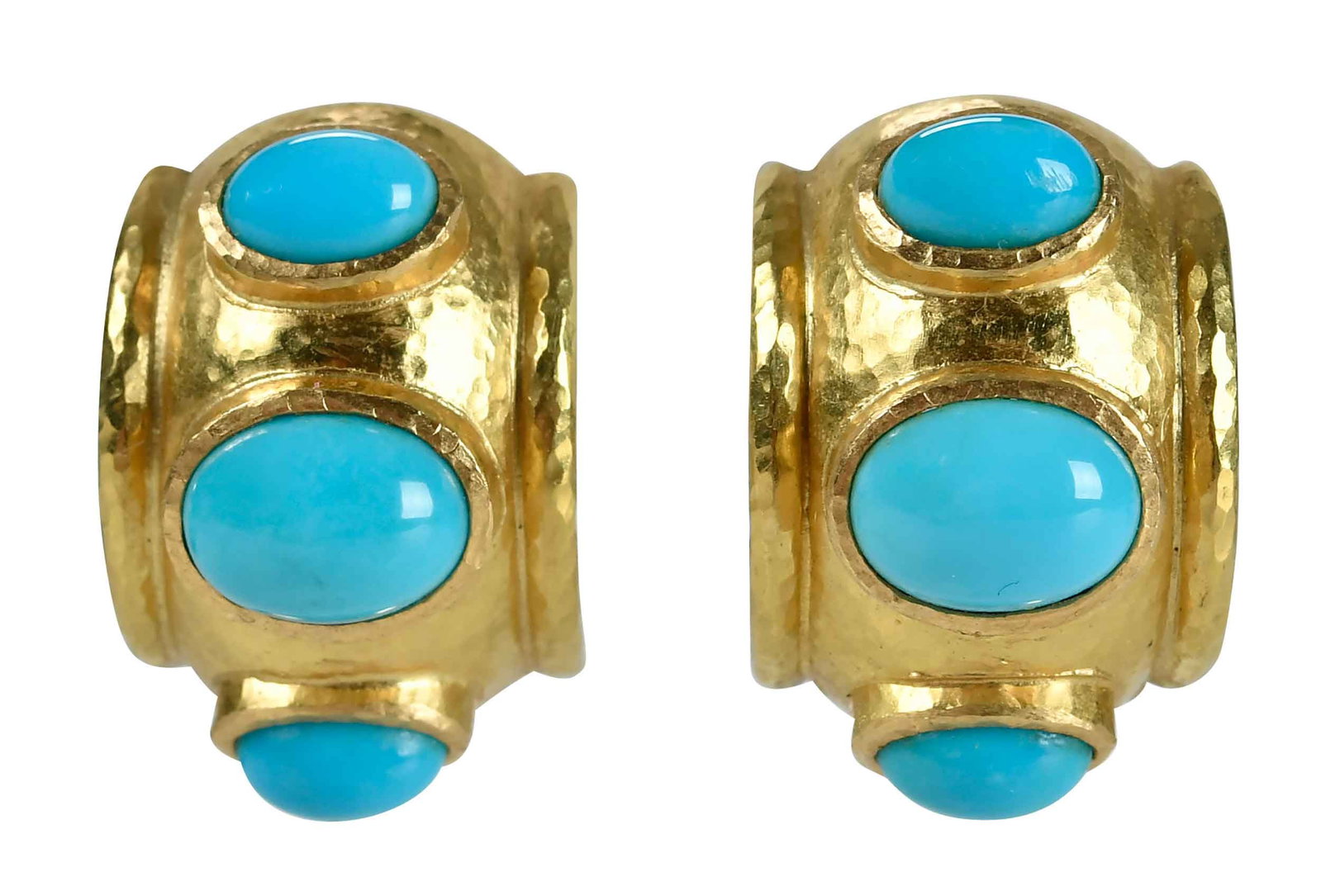 19kt. Elizabeth Locke Puffy Turquoise Hoop Earrings: three oval cut cabochons, 7.0 x 9.0mm and 5.0 x 7.0mm, marked "19K", yellow gold, maker's mark, collapsible post, omega clip backs, 22.0 x 15.0mm, 17.7 g Provenance: Collection of Dr. George and Conni
