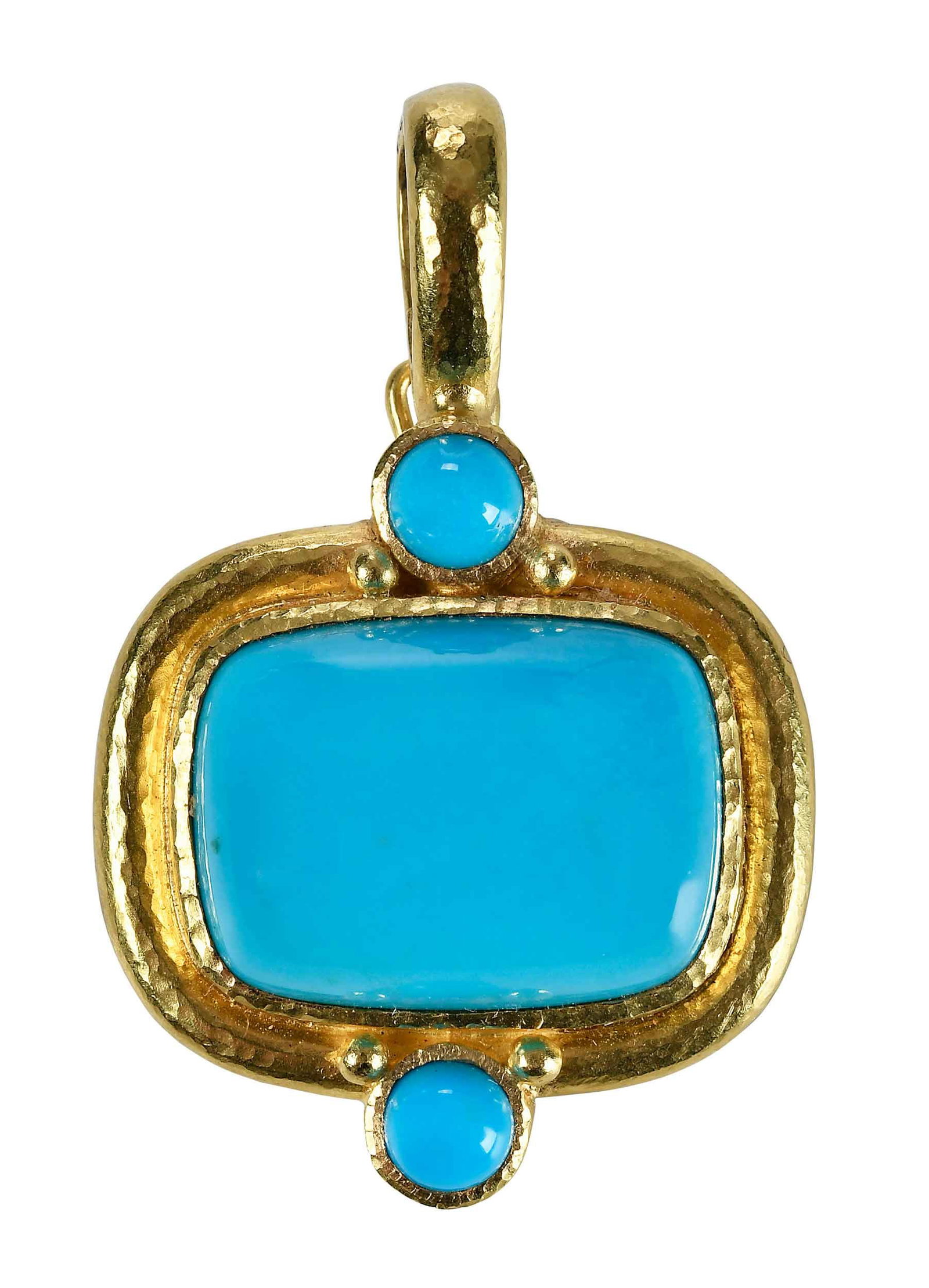 19kt. Elizabeth Locke Turquoise Pendant: center rectangular cabochon turquoise, approx. 14.0 x 18.0mm, accented by two round cabochon turquoise, approx. 5.0mm, marked "19K", yellow gold, maker's mark, hinged bail, 12.6 g Provenance: