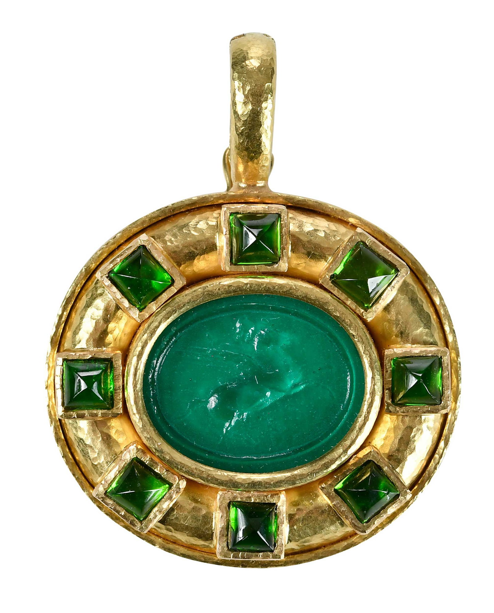 19kt. Elizabeth Locke Venetian Glass Intaglio Pendant with Peridot Accents: eight sugarloaf cut peridots, mother of pearl backed teal Venetian glass, Flying Pegasus, marked "19K", yellow gold, maker's mark, hinged bail, 1-5/8 x 1-1/4 in., 13.0 g Provenance: Collection of Dr.