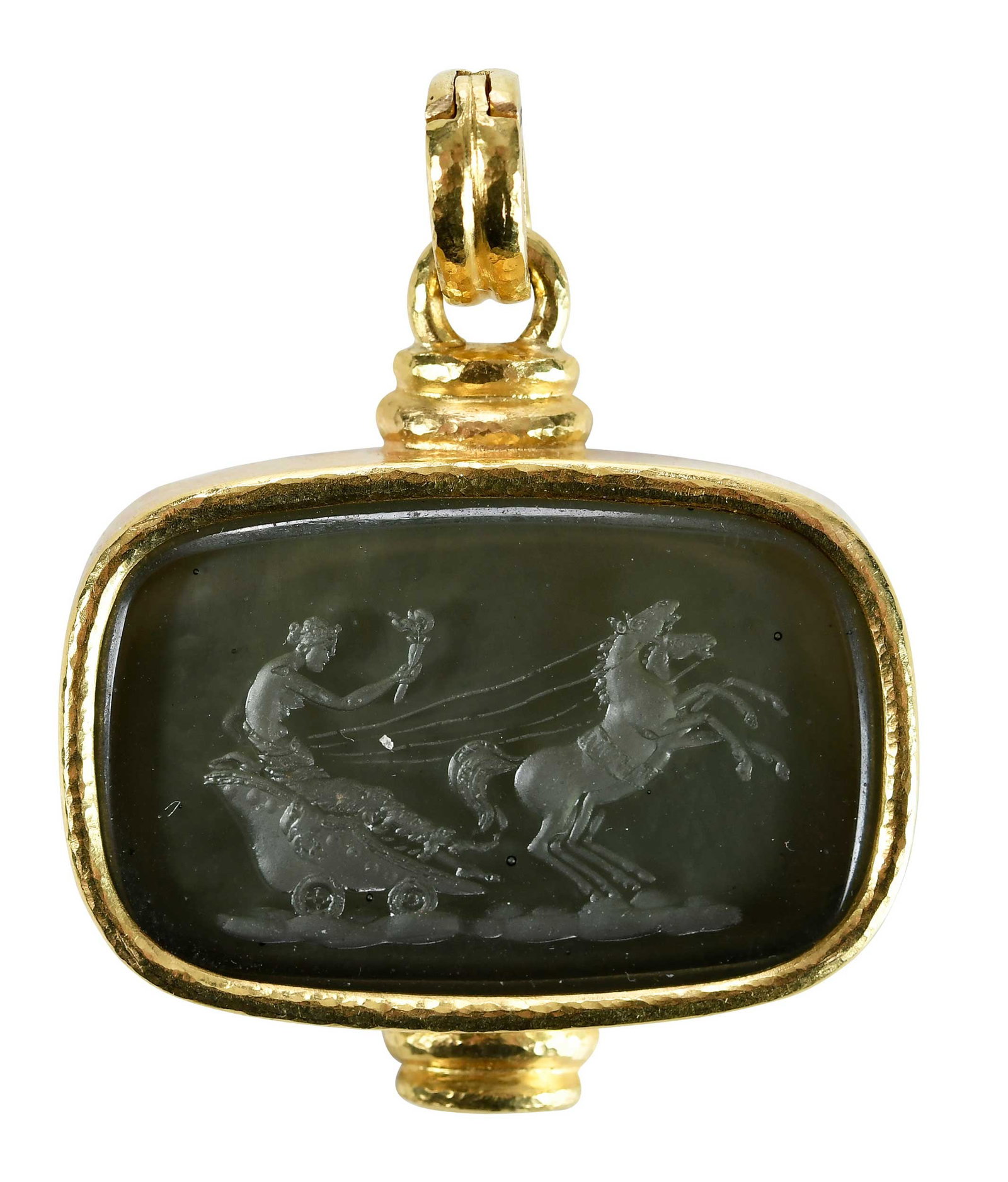 19kt. Elizabeth Locke Smoke Venetian Glass Intaglio Pendant: intaglio backed with mother of pearl, marked "19K", yellow gold, maker's mark, hinged bail, 1-7/8 x 1-1/2 in., 23.3 g Provenance: Collection of Dr. George and Connie Manger Note: Brunk Auctions makes