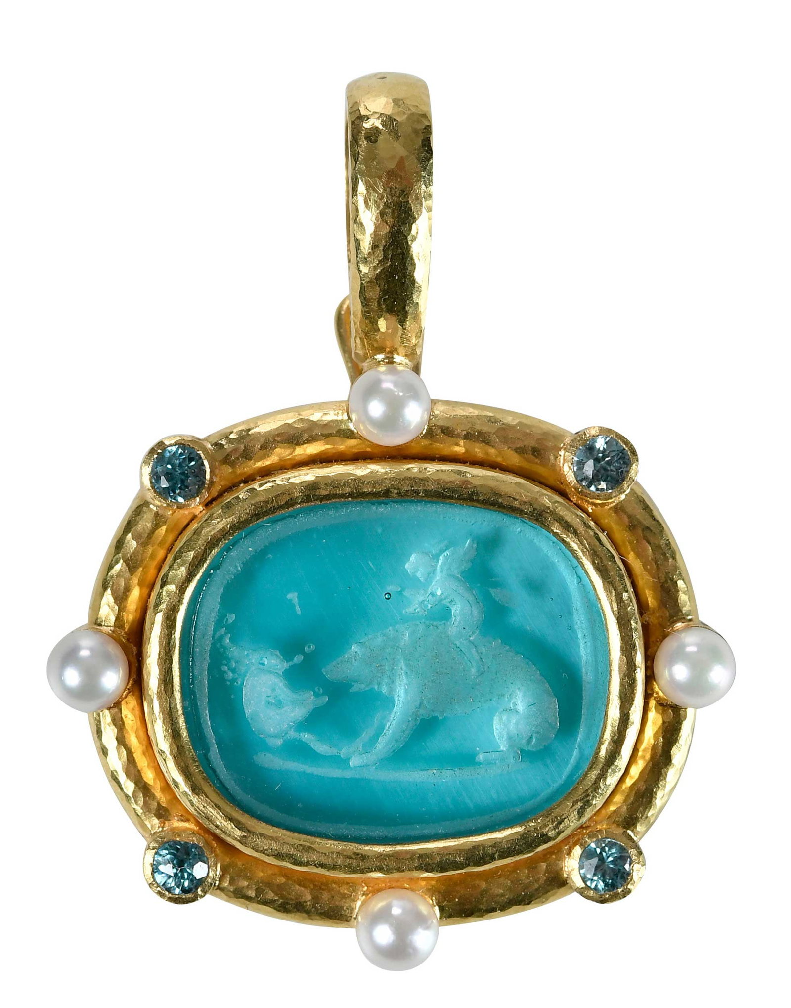 19kt. Elizabeth Locke Venetian Glass Intaglio Pendant with Pearls and Aquamarine: four round cultured pearls, four round faceted aquamarines, mother of pearl backed light aqua Venetian carved glass, marked "19K", yellow gold, maker's mark, hinged bail, 1-1/2 x 1-1/8 in., 13.0 g