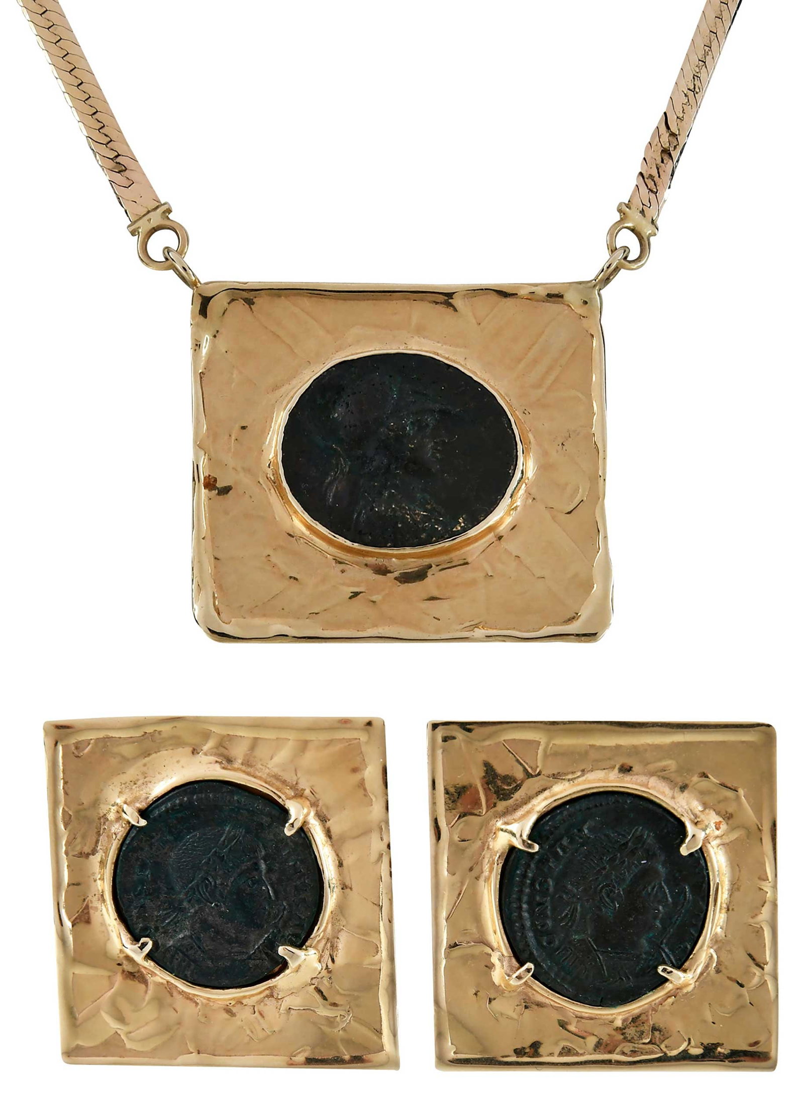 14kt. Ancient Coin Earrings and Pendant on Chain: two round Roman type coins, post backs, marked "14K", yellow gold, textured finish, overall design 1-1/4 x 1-1/4 in., 18.6 g.; oval ancient type coin, tests 14kt. yellow gold, textured finish, overall